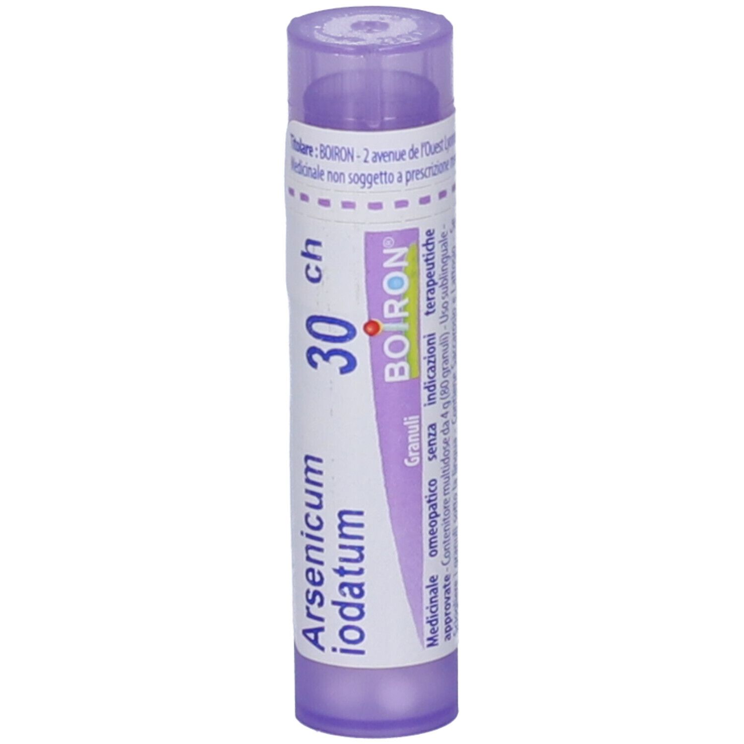 Contenitore viola con testo bianco. Scritta: Arsenicum iodatum, 30 ch, BOIRON. Ulteriori informazioni testuali sull'etichetta.