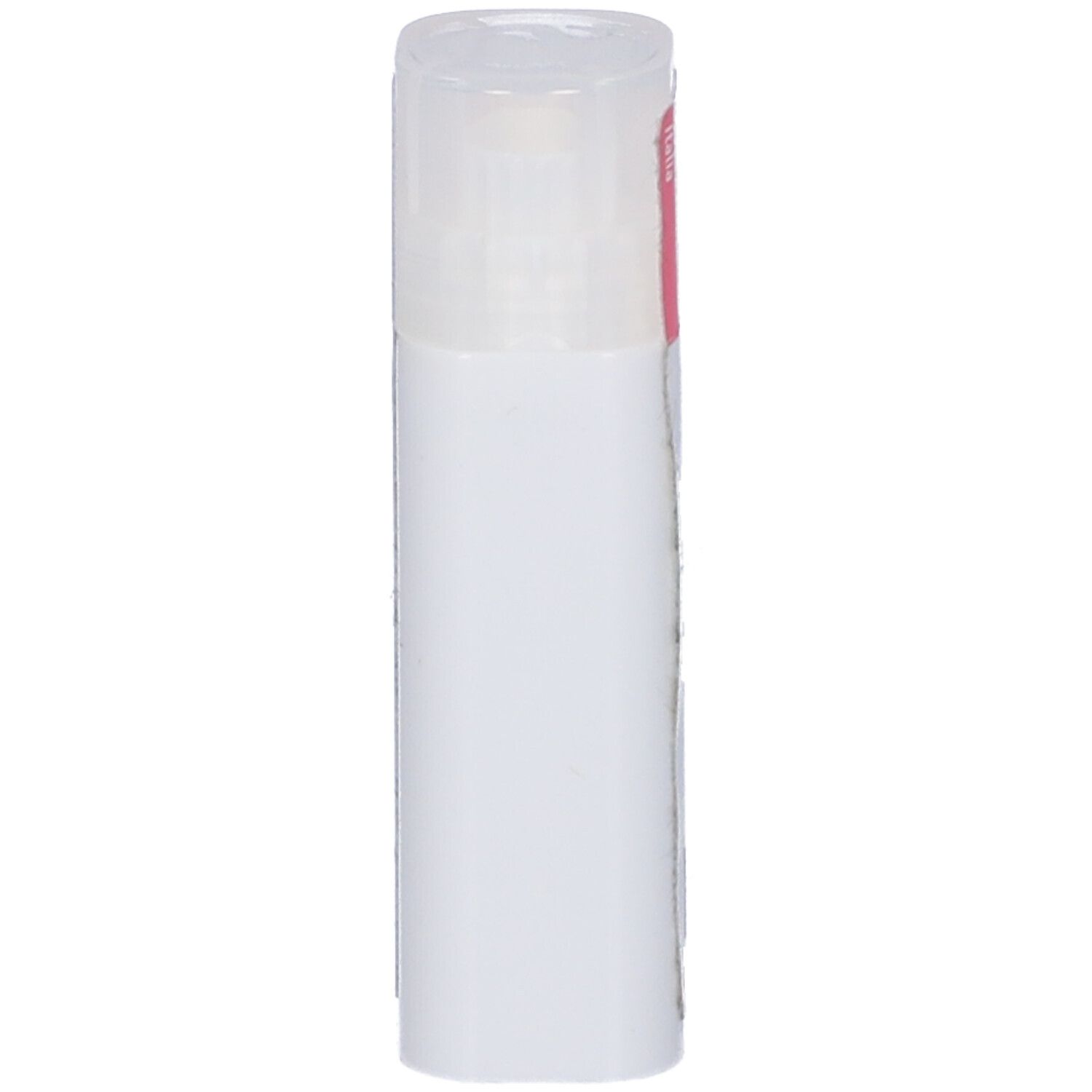 Flacone cilindrico bianco con tappo trasparente. Etichetta rosa nella parte superiore.