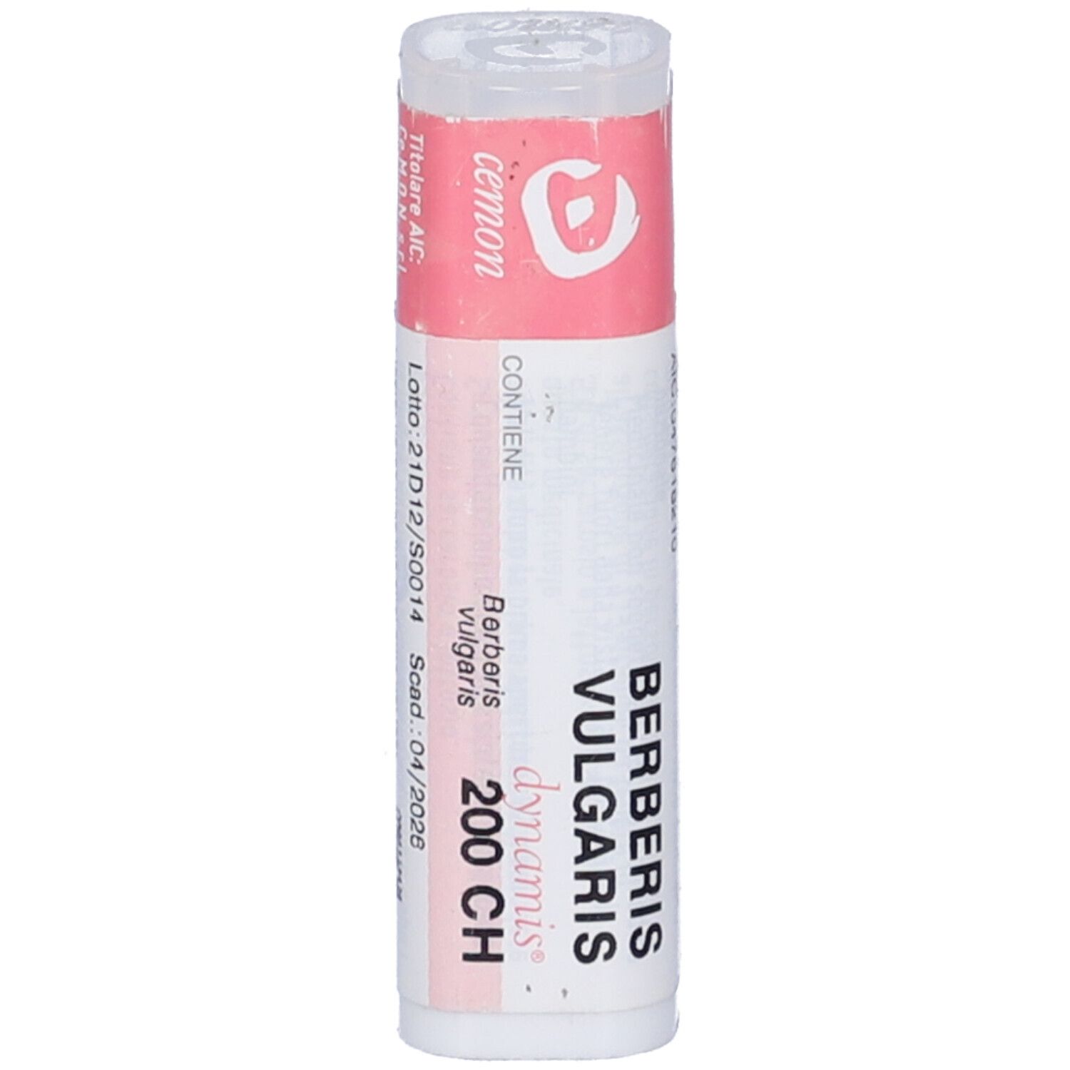 Confezione cilindrica con etichetta rosa. Testo: Berberis Vulgaris, 200 CH, dynamis. Marchio cemon.