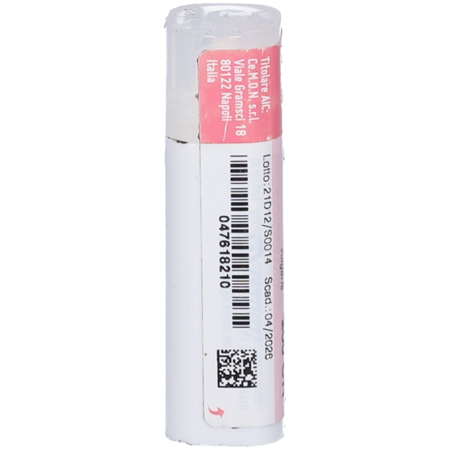 Confezione cilindrica con codice a barre ed etichetta rosa. Testo: cemon, numero di lotto, scadenza.