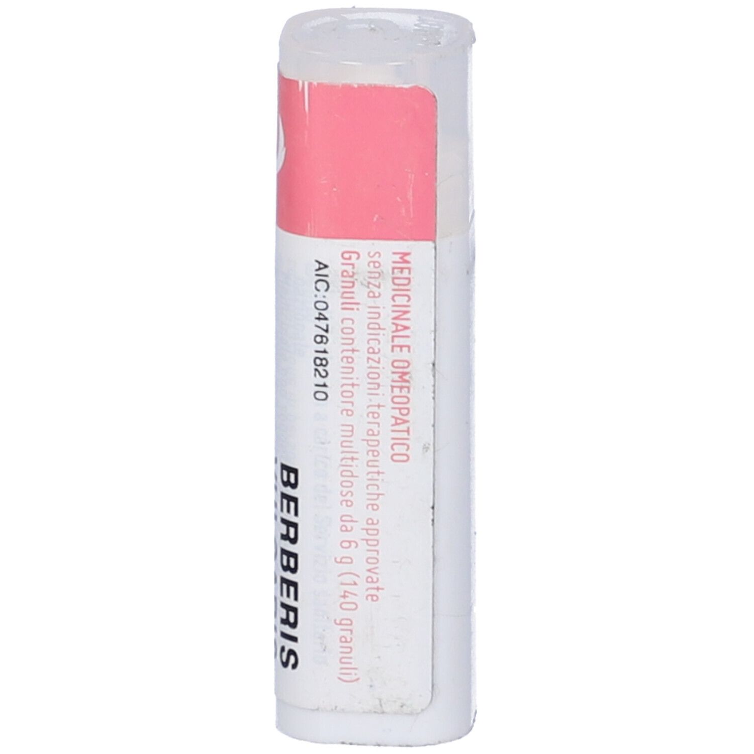 Confezione cilindrica con etichetta rosa. Testo: Berberis, 140 Granuli, cemon.