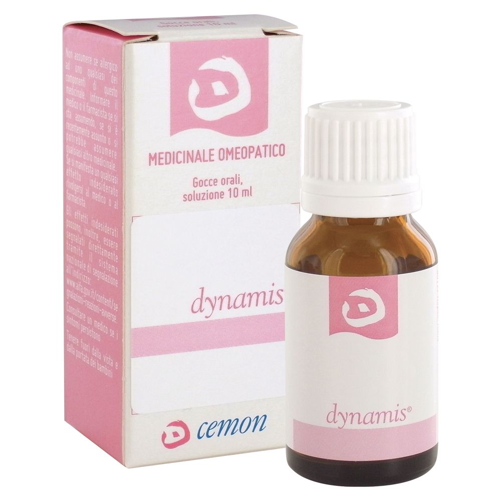 Flacone di vetro marrone con tappo bianco ed etichetta rosa. Scritta: dynamis. Accanto, una scatola rosa e bianca.