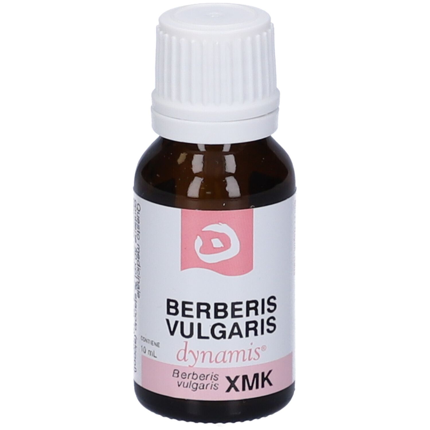 Flacone di vetro marrone con tappo bianco ed etichetta rosa. Scritta: Berberis Vulgaris dynamis XMK.
