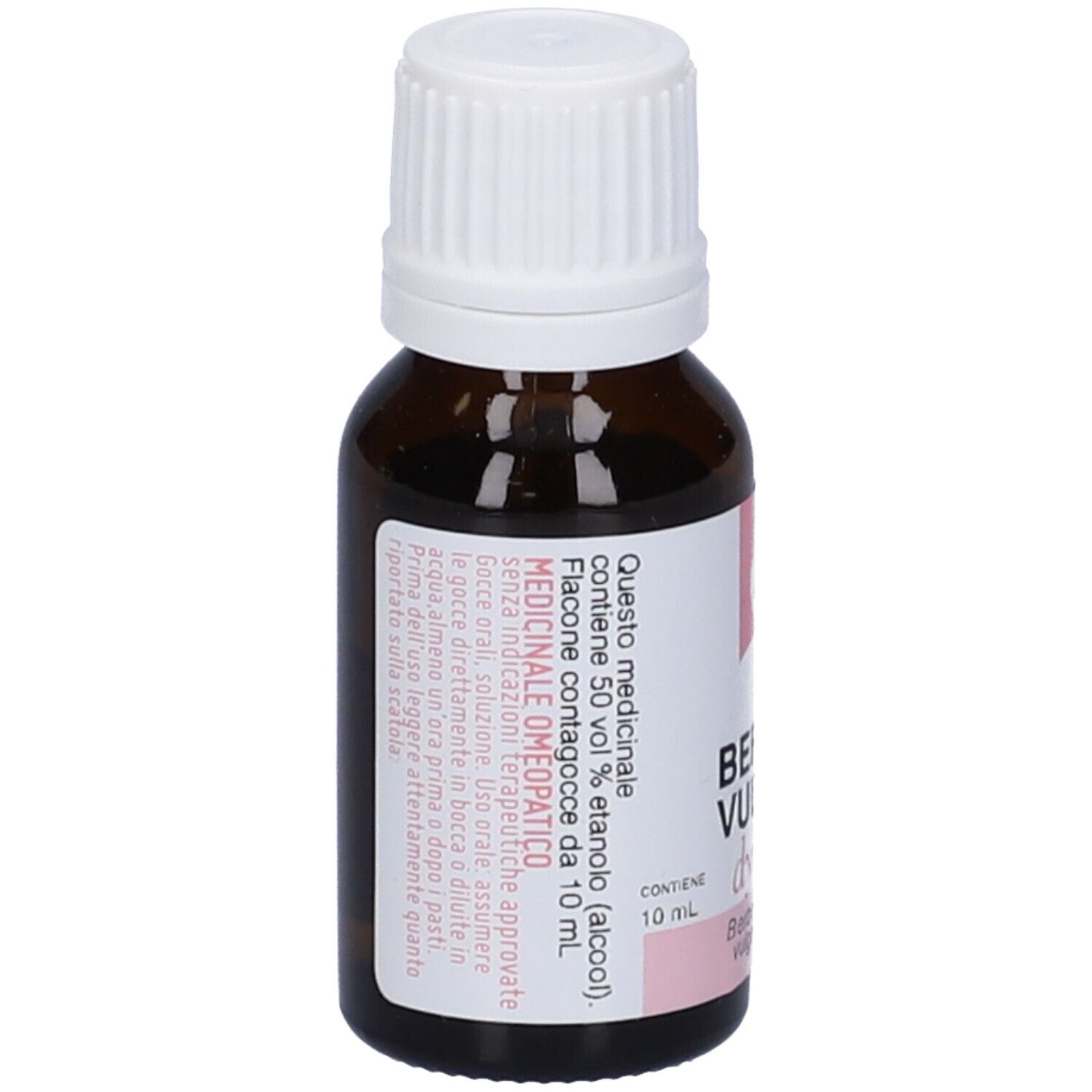 Flacone di vetro marrone con tappo bianco ed etichetta rosa. Scritta: Berberis Vulgaris dynamis XMK.
