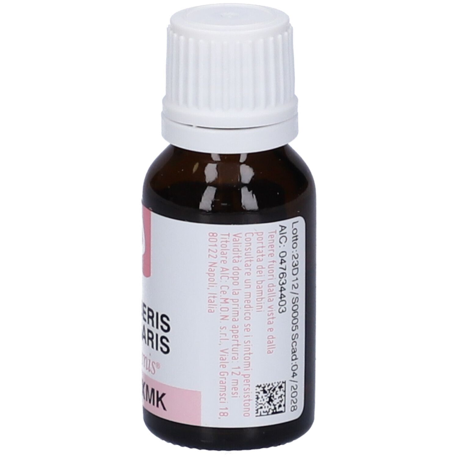 Flacone di vetro marrone con tappo bianco. Scritta: Berberis Vulgaris dynamis XMK. Etichetta con testo.