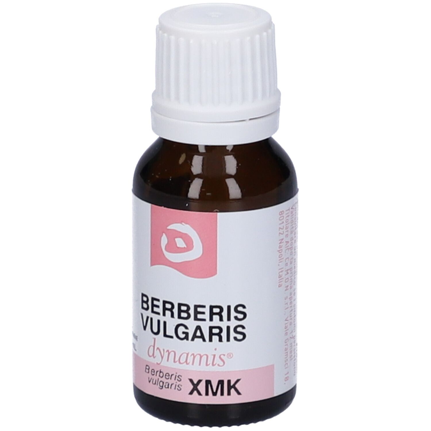 Flacone di vetro marrone con tappo bianco. Scritta: Berberis Vulgaris dynamis XMK. Etichetta con testo.