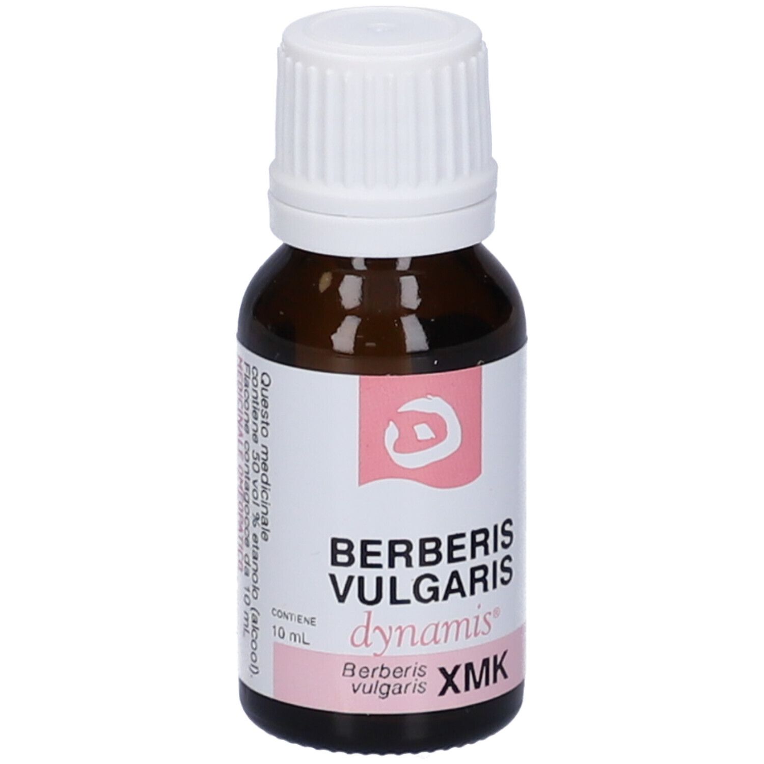 Flacone di vetro marrone con tappo bianco. Scritta: Berberis Vulgaris dynamis XMK. Etichetta con testo.