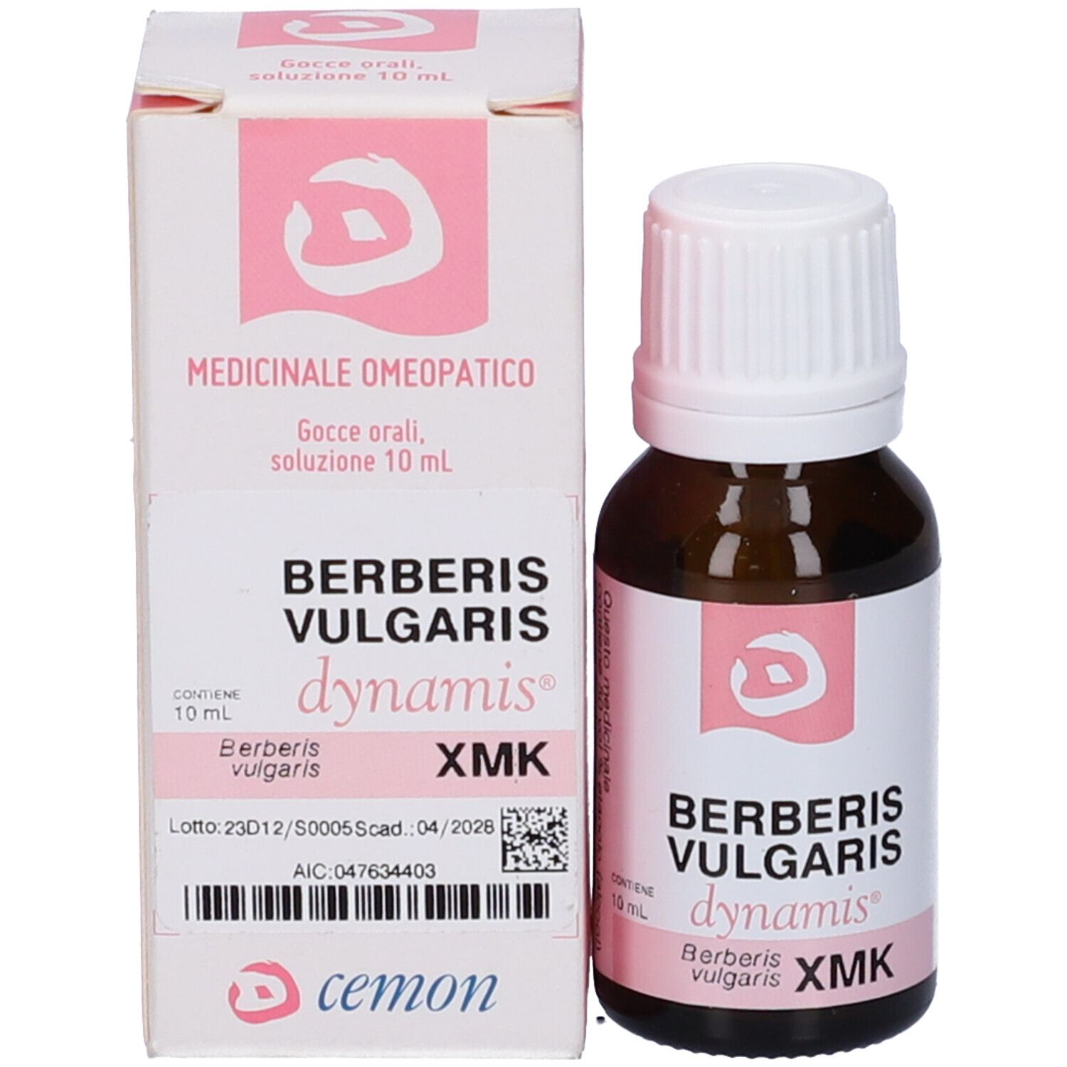 Flacone di vetro marrone con tappo bianco ed etichetta rosa. Accanto, una scatola rosa e bianca. Scritta: Berberis Vulgaris dynamis XMK.