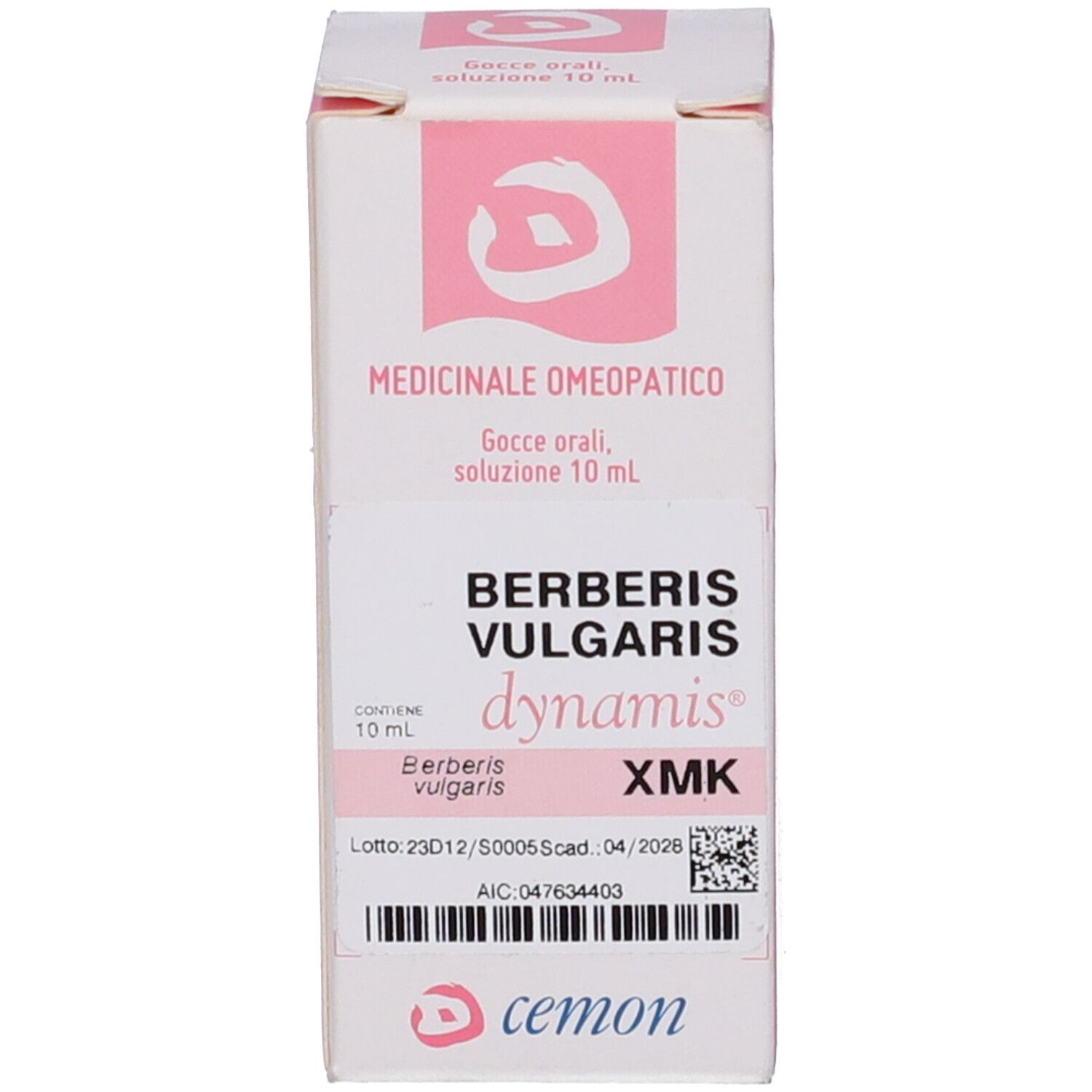 Scatola rosa e bianca con testo e logo. Scritta: Berberis Vulgaris dynamis XMK. Logo: Cemon.