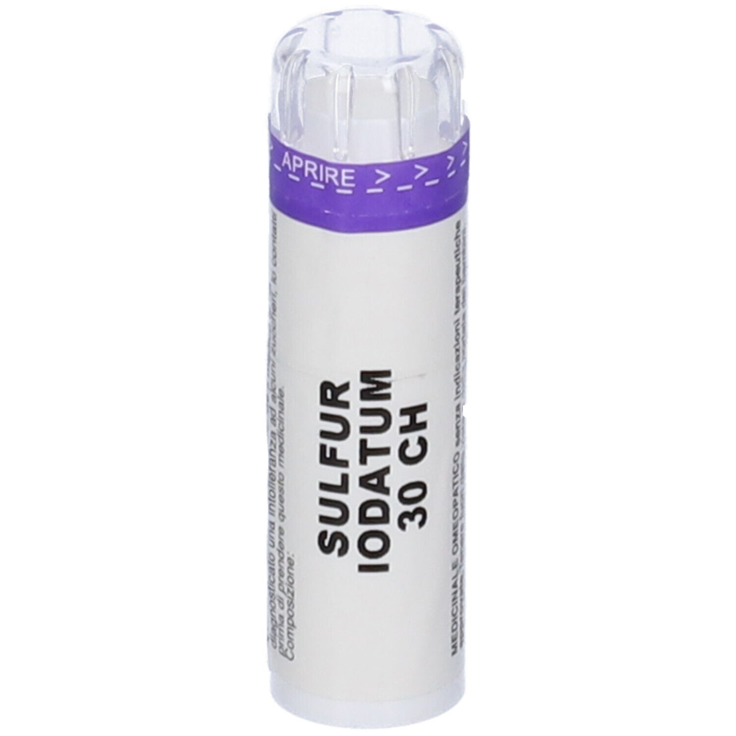 Flacone cilindrico con etichetta bianca e fascia viola. Scritta: SULFUR IODATUM 30 CH. Coperchio trasparente.