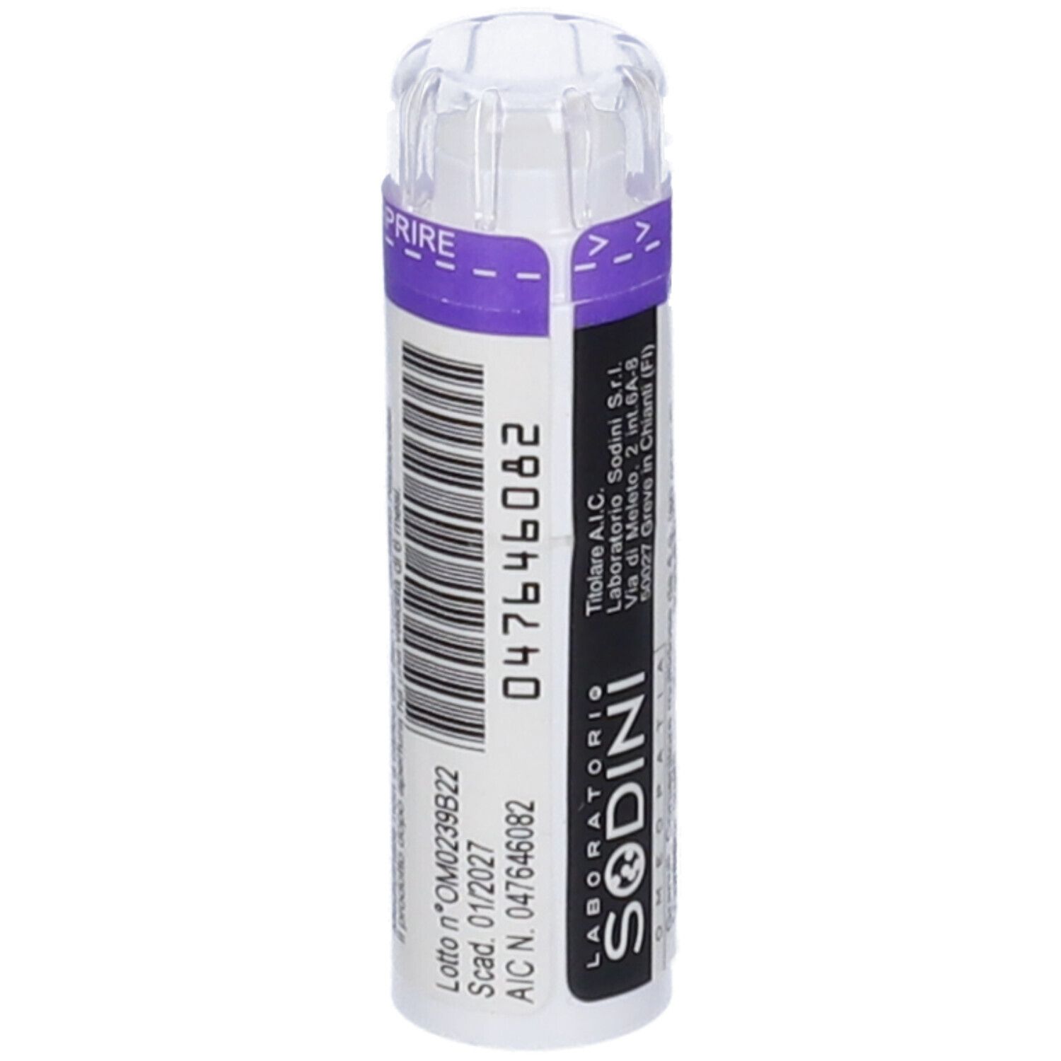 Flacone cilindrico con etichetta bianca e fascia viola. Scritta: LABORATORIO SODINI. A.I.C. 047646082. Coperchio trasparente.