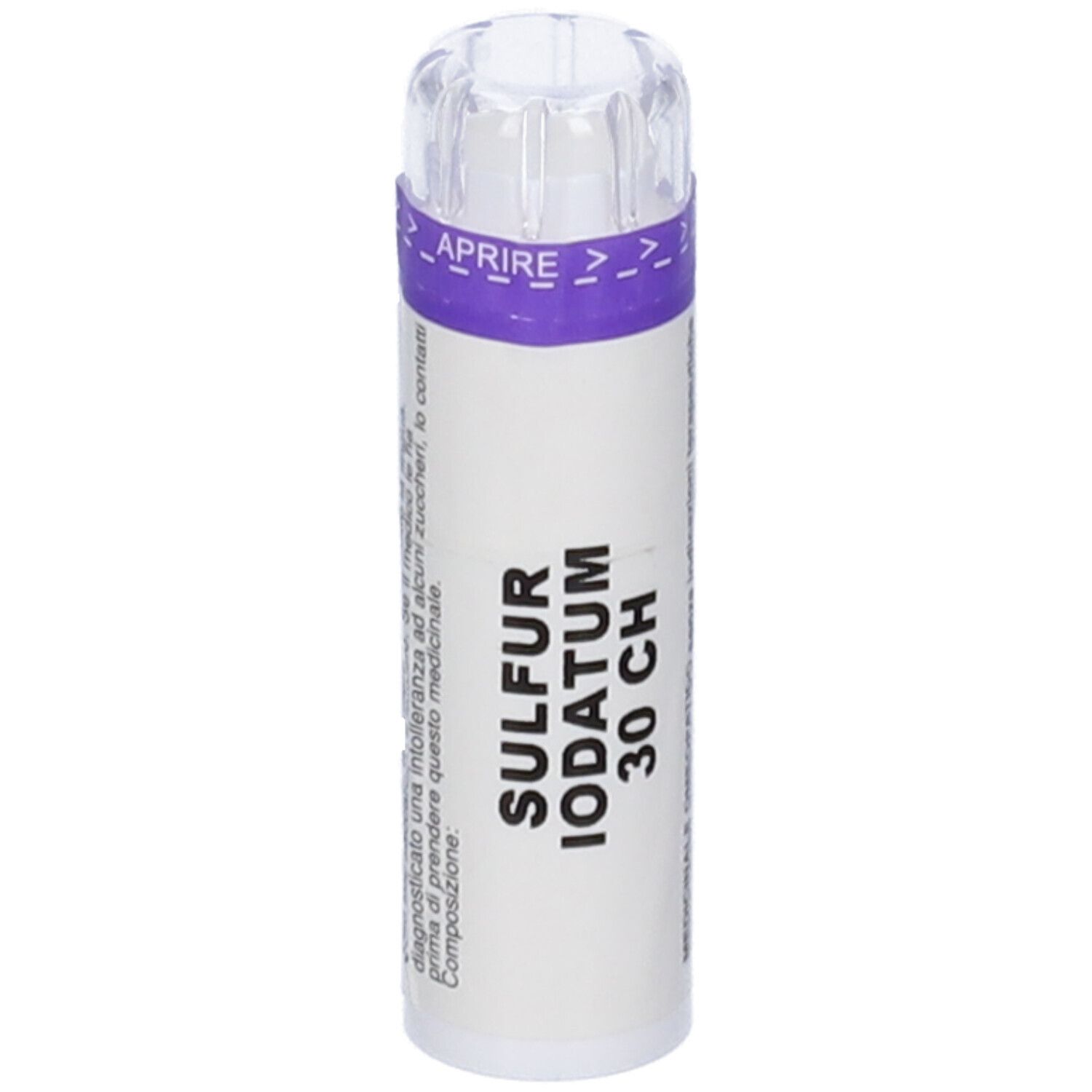 Flacone cilindrico con etichetta bianca e fascia viola. Scritta: SULFUR IODATUM 30 CH. Coperchio trasparente.