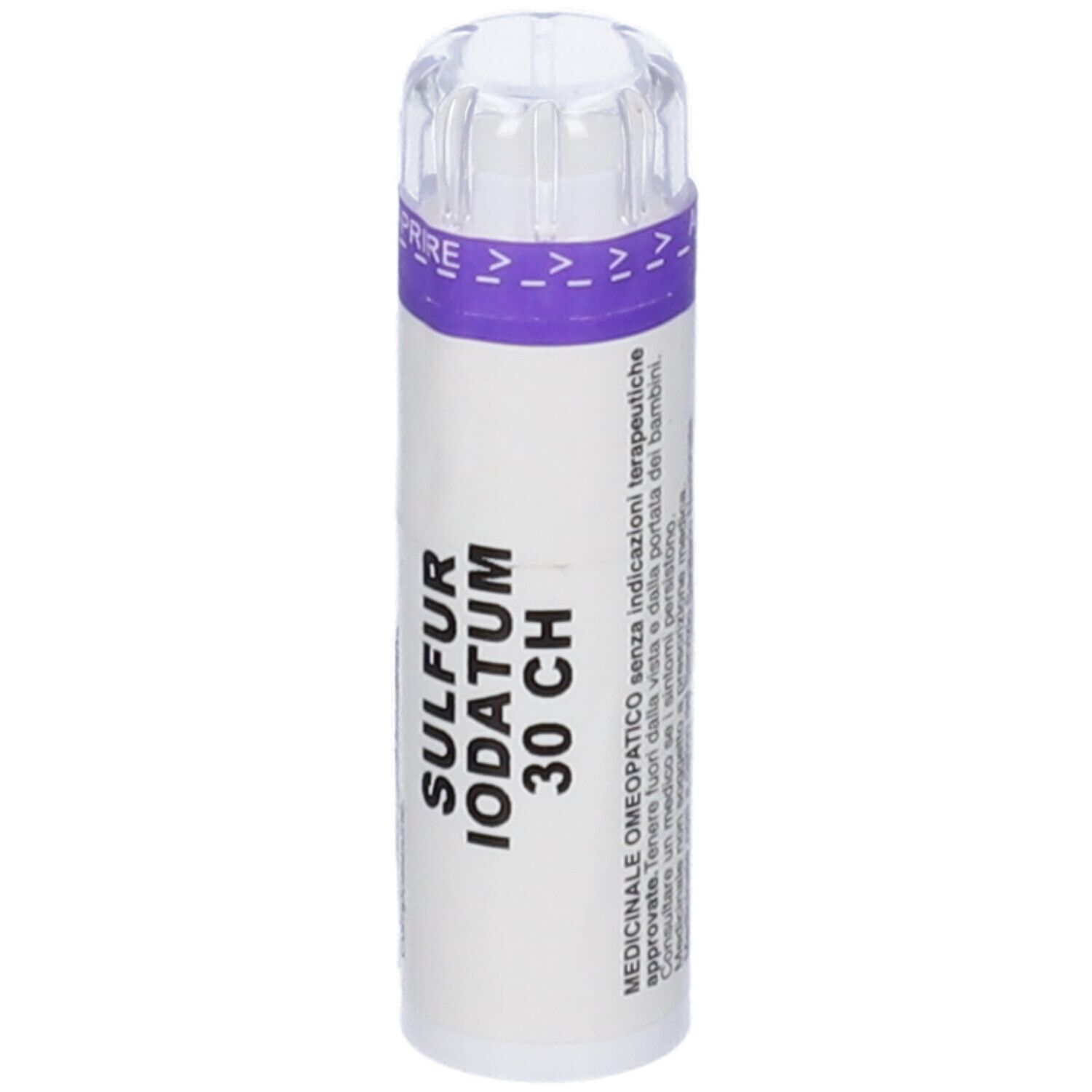 Flacone cilindrico con etichetta bianca e fascia viola. Scritta: SULFUR IODATUM 30 CH. Coperchio trasparente.