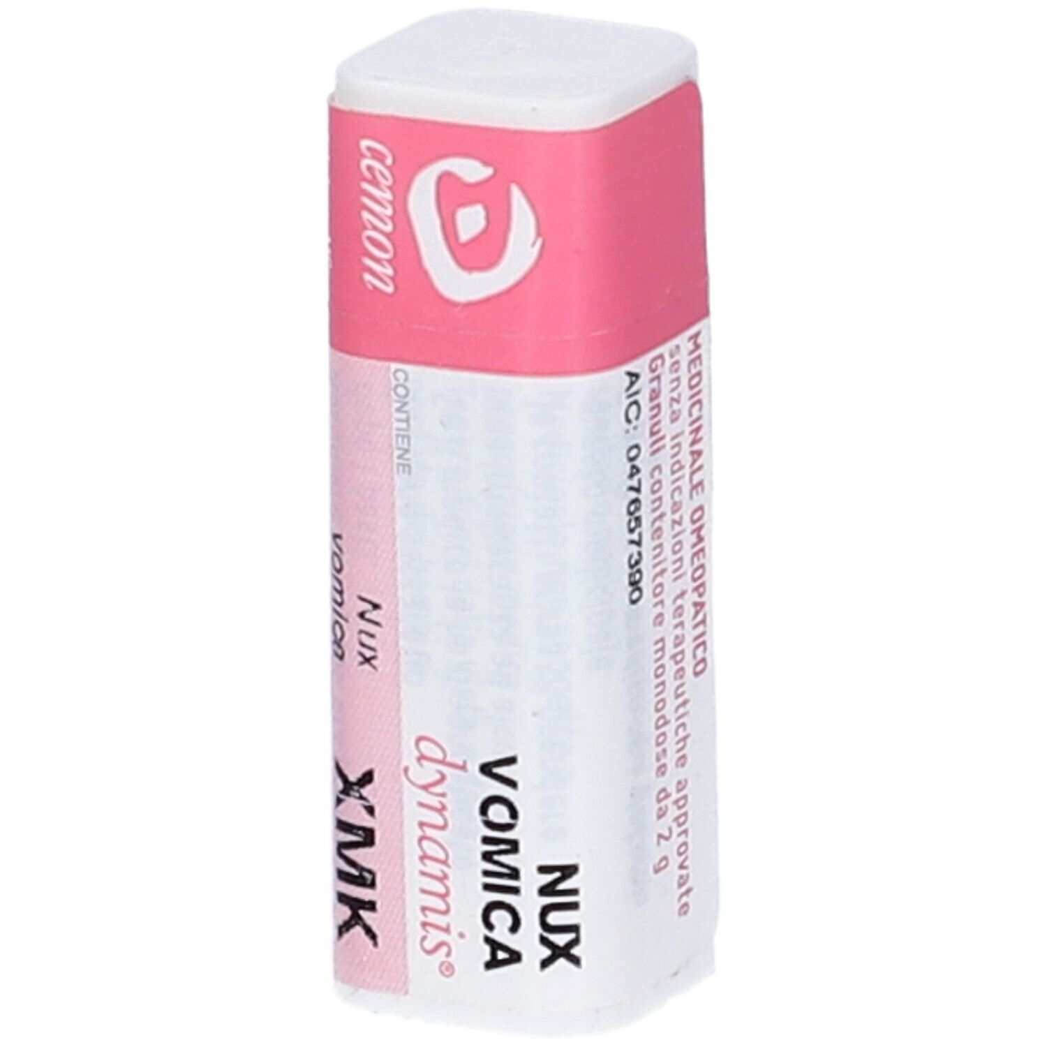 Confezione cilindrica bianca e rosa. Scritta: Nux Vomica Dynamis XMK. Logo e testo in italiano.