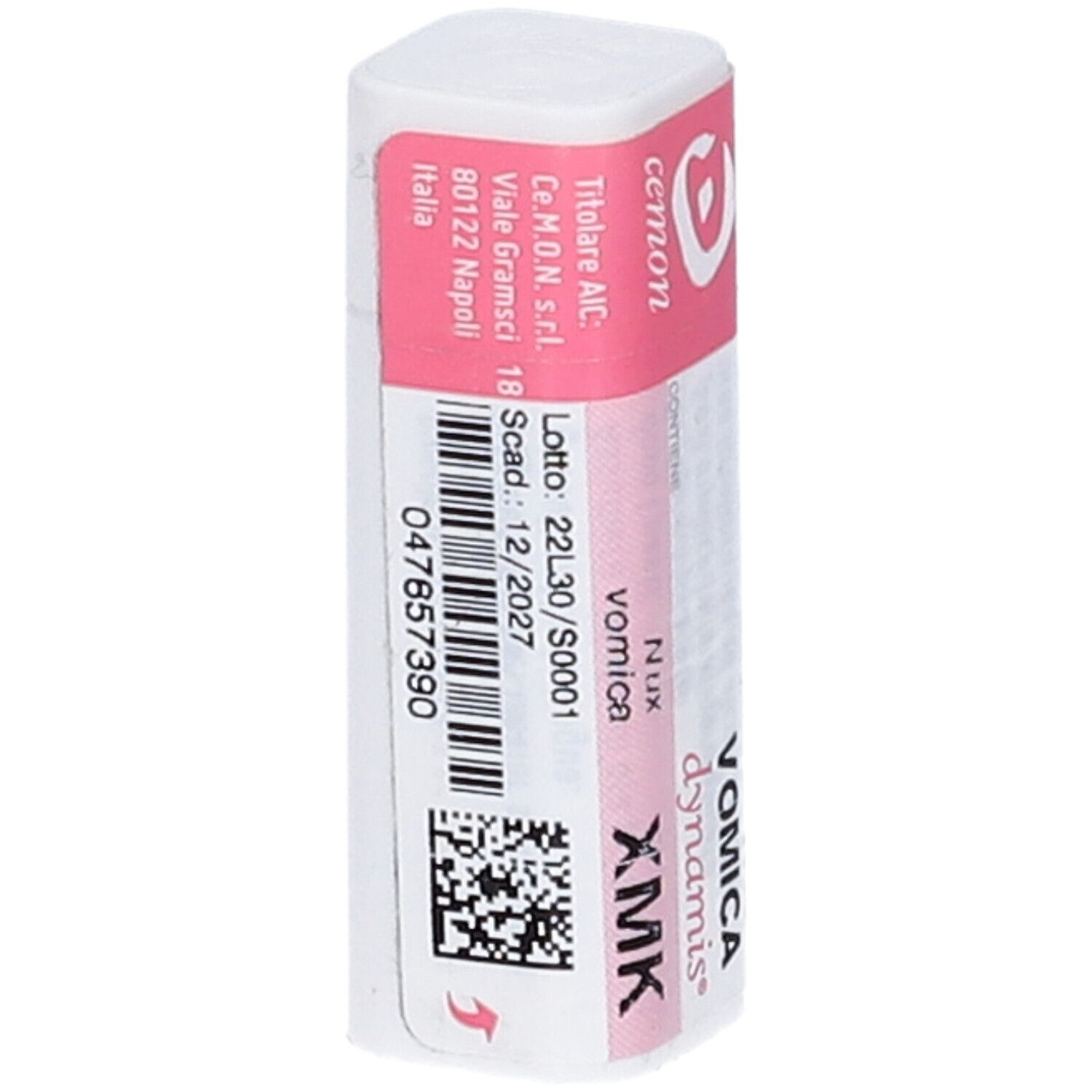 Confezione cilindrica bianca e rosa. Scritta: Nux Vomica Dynamis XMK. Codice a barre e testo in italiano.