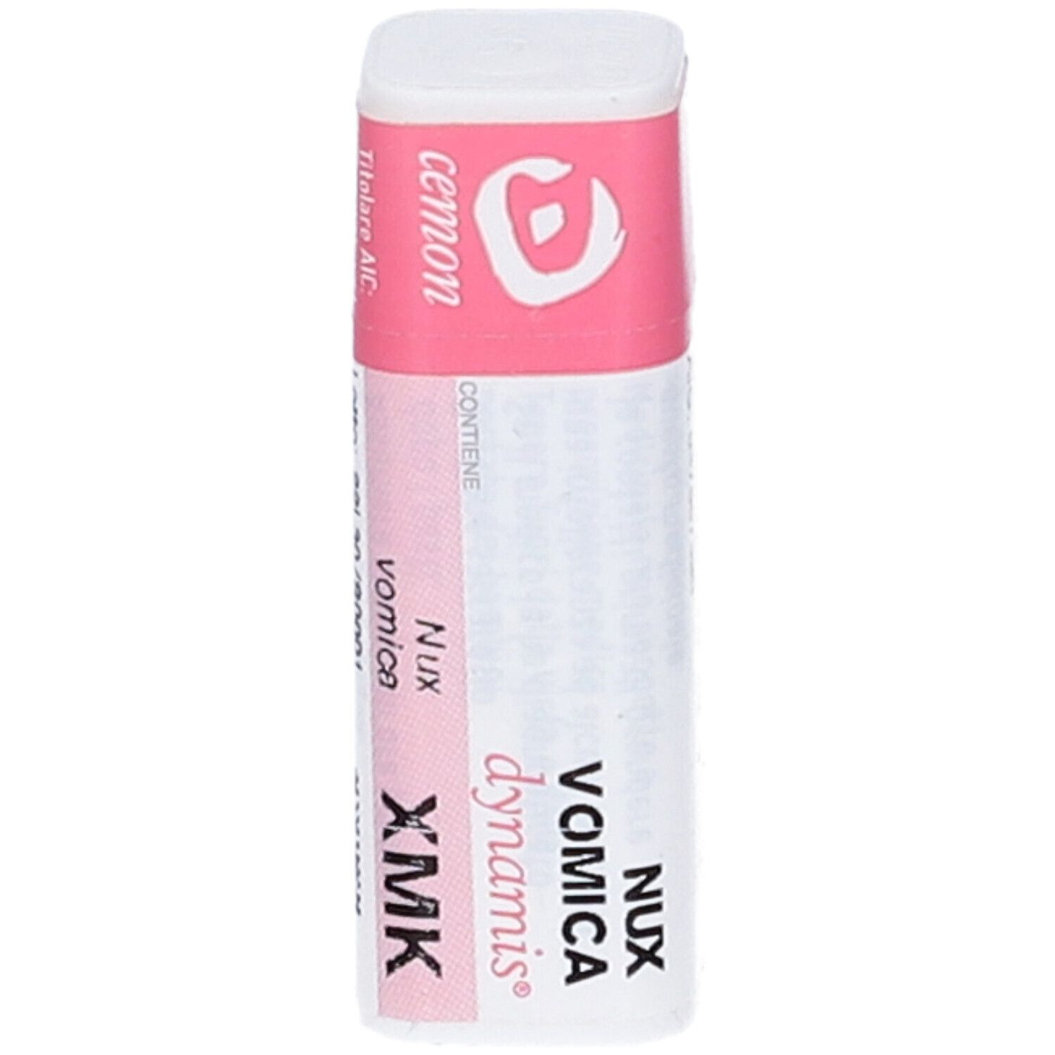 Confezione cilindrica bianca e rosa. Scritta: Nux Vomica Dynamis XMK. Logo e testo in italiano.