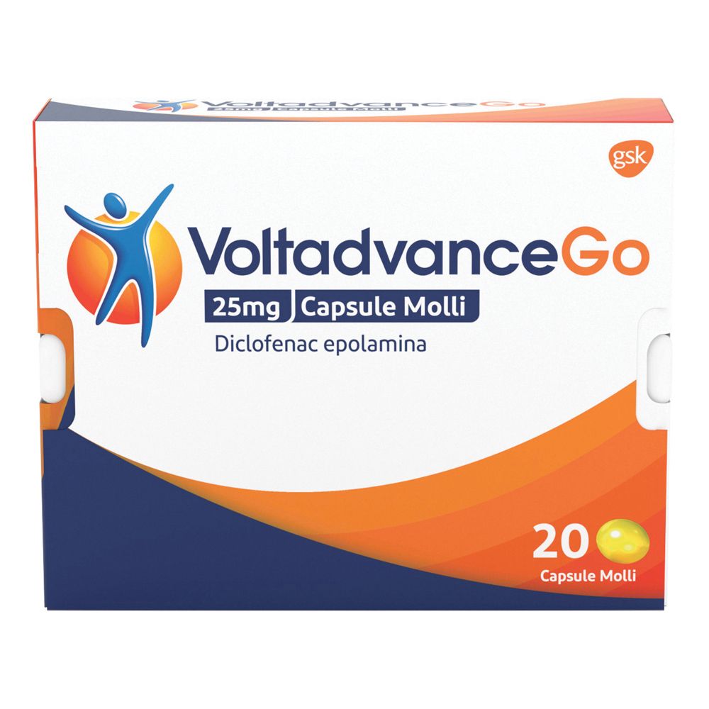 Scatola di VoltadvanceGo 25mg Capsule Molli. Contiene 20 capsule. Logo con persona e sole. Colori arancione e blu.