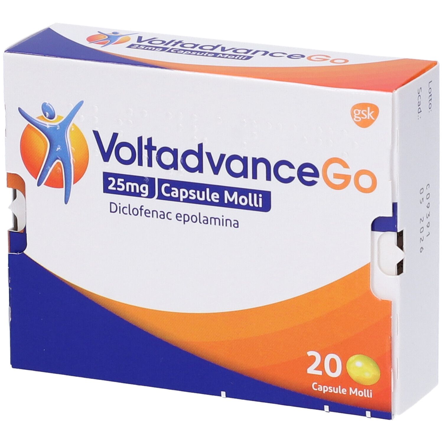 Scatola VoltadvanceGo 25mg Capsule Molli. Contiene 20 capsule. Logo, colori arancione e blu. Logo Gsk.