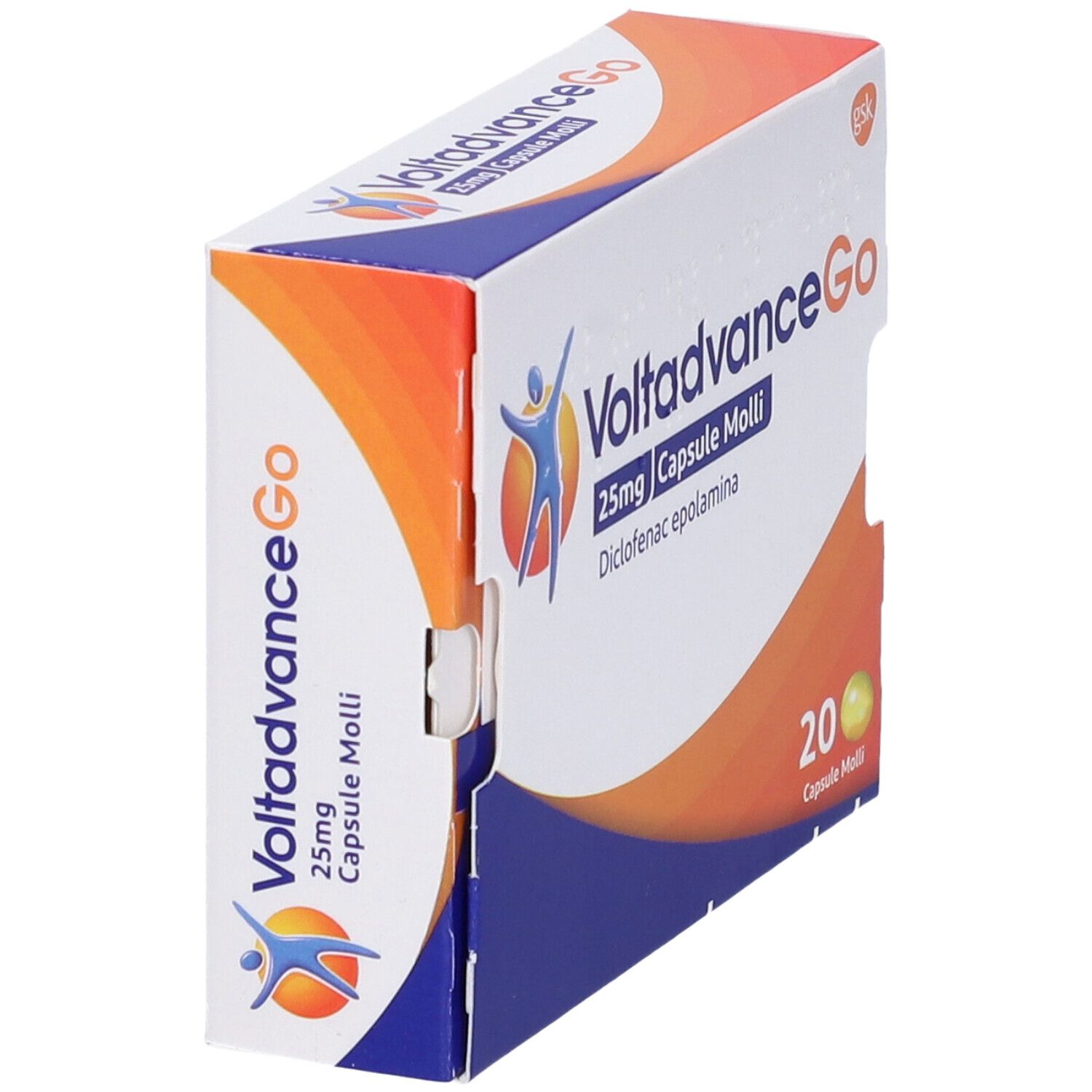 Scatola VoltadvanceGo 25mg Capsule Molli. Contiene 20 capsule. Logo, colori arancione e blu. Logo Gsk.