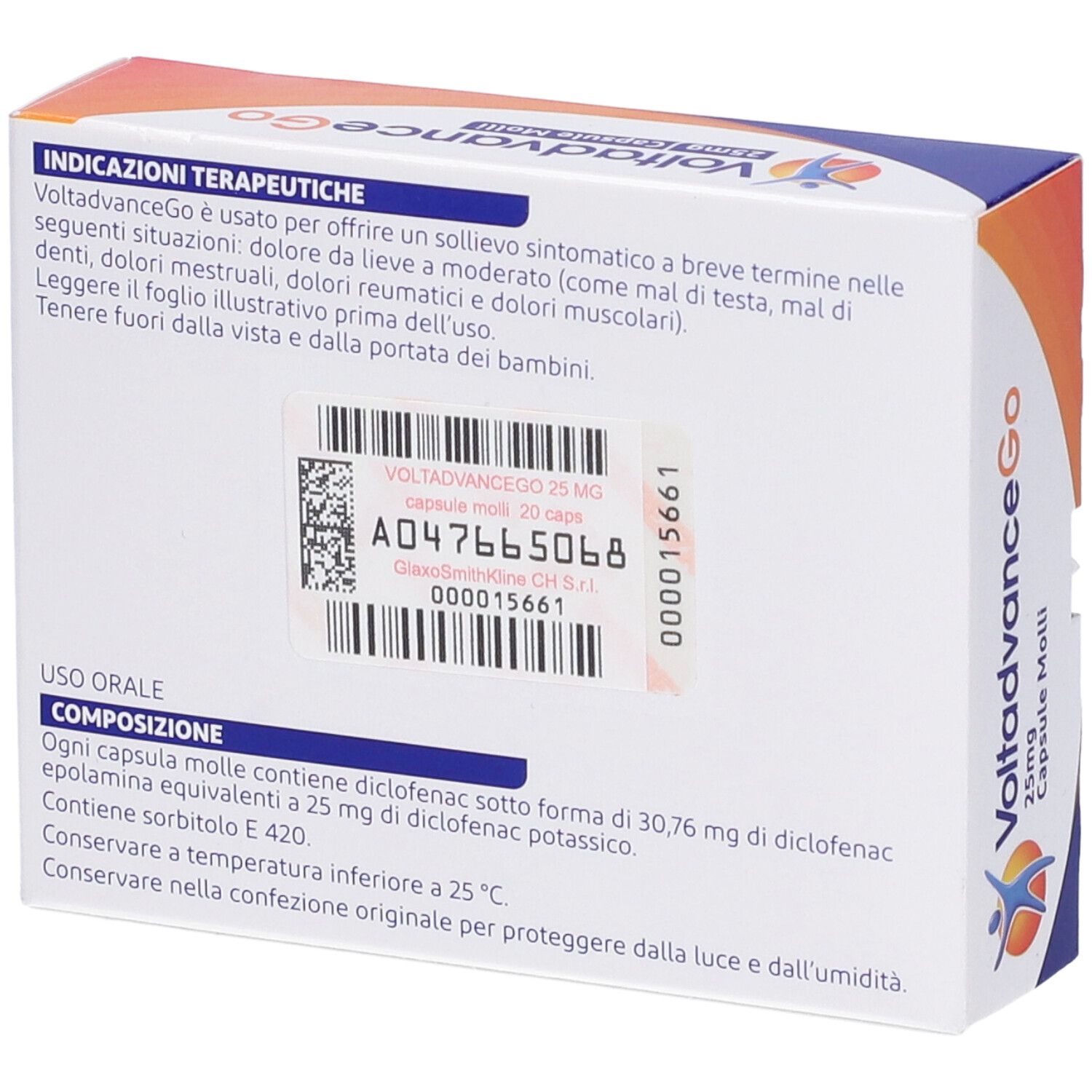 Retro della scatola VoltadvanceGo. Testo con ingredienti e istruzioni per l'uso. Contiene 20 capsule. Logo Gsk.