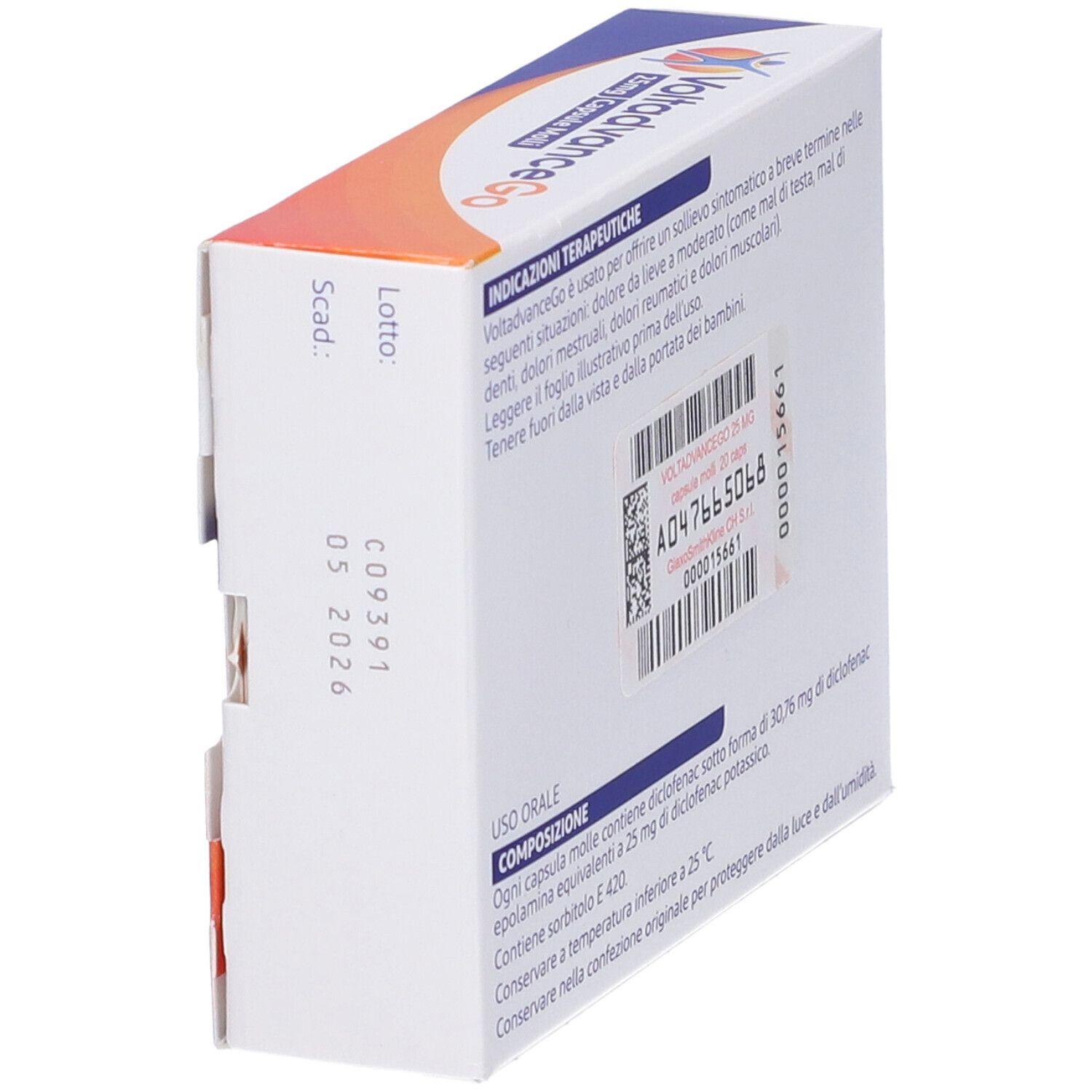 Retro della scatola VoltadvanceGo. Testo con ingredienti e istruzioni per l'uso. Contiene 20 capsule. Logo Gsk.