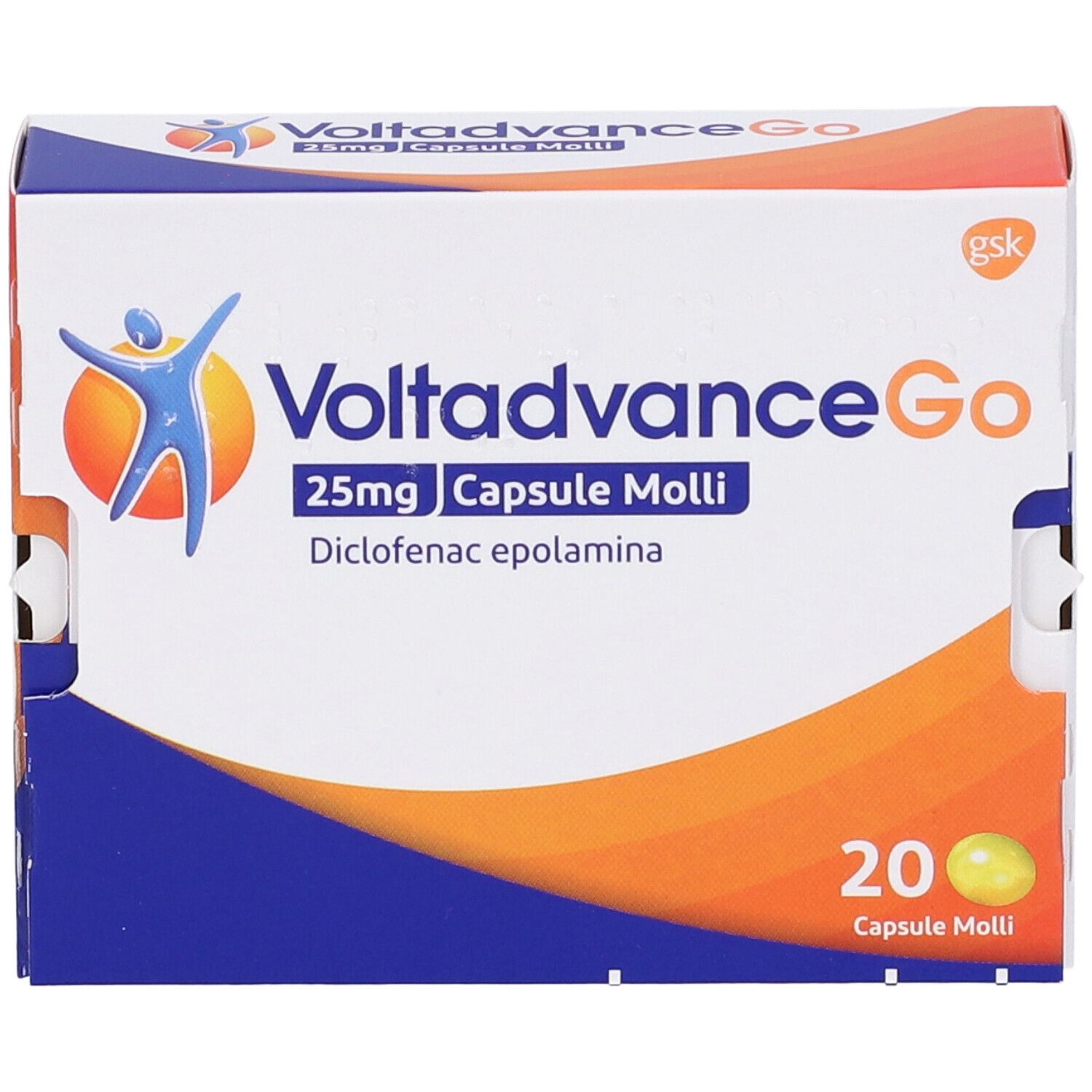 Scatola di VoltadvanceGo 25mg Capsule Molli. Contiene 20 capsule. Logo con persona e sole. Colori arancione e blu.