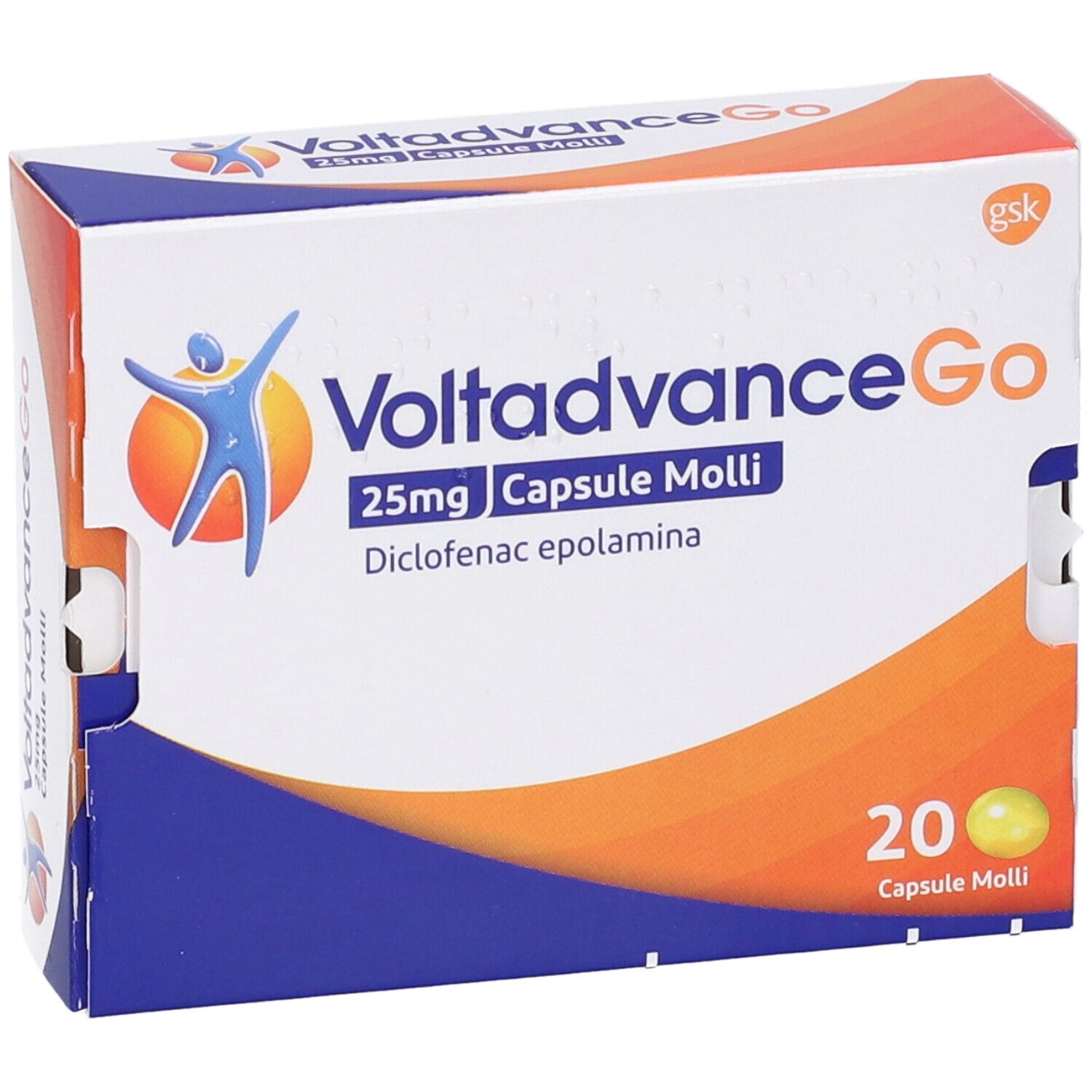 Scatola VoltadvanceGo 25mg Capsule Molli. Contiene 20 capsule. Logo, colori arancione e blu. Logo Gsk.