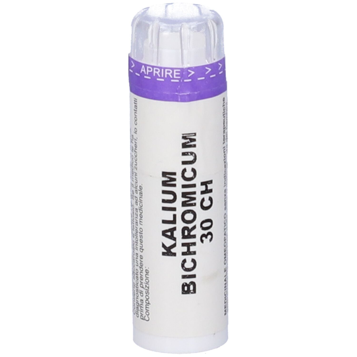 Flacone cilindrico con etichetta bianca e fascia viola. Scritta: Kalium Bichromicum 30 CH.