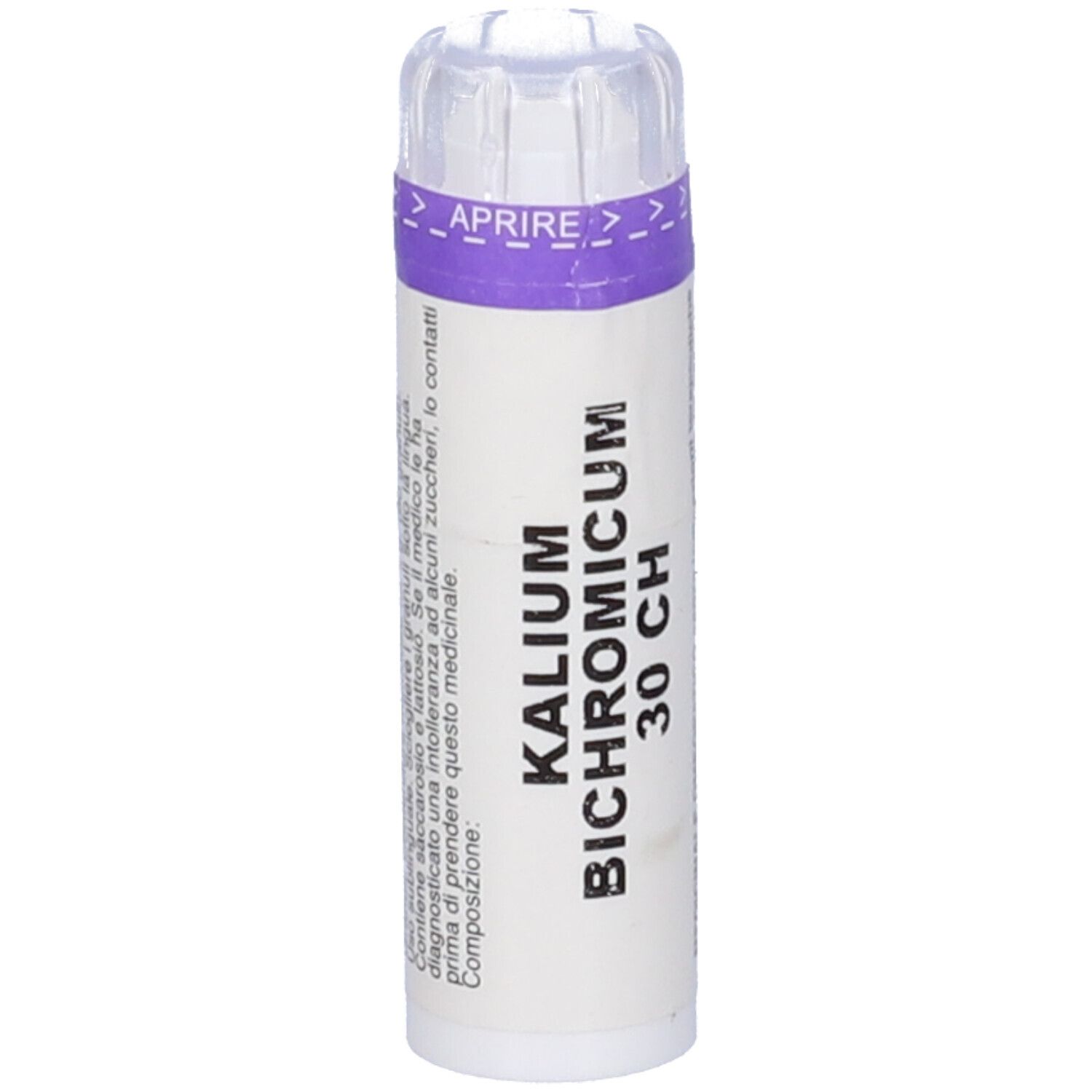 Flacone cilindrico con etichetta bianca e fascia viola. Scritta: Kalium Bichromicum 30 CH.