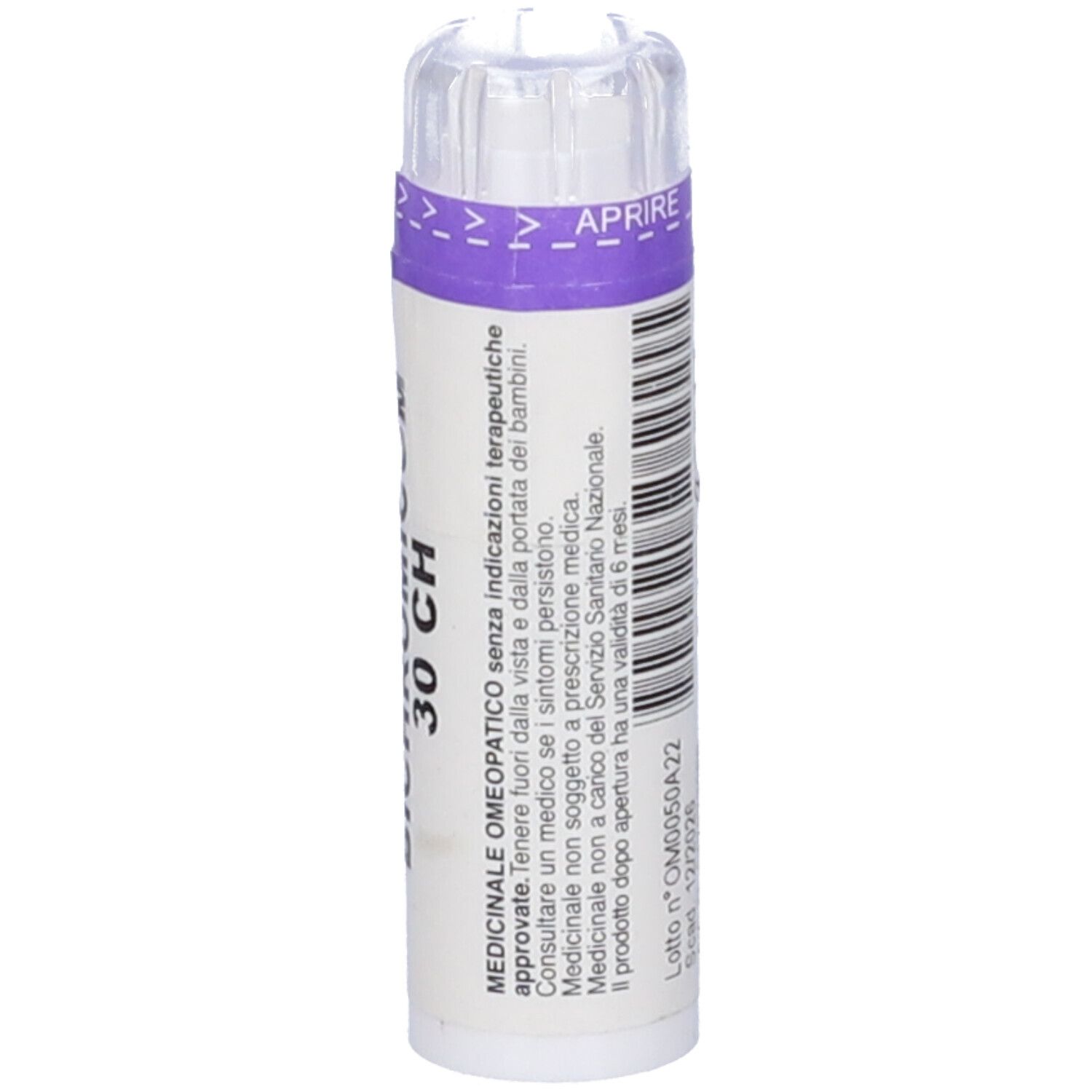 Flacone cilindrico con etichetta bianca e fascia viola. Scritta: Kalium Bichromicum 30 CH.