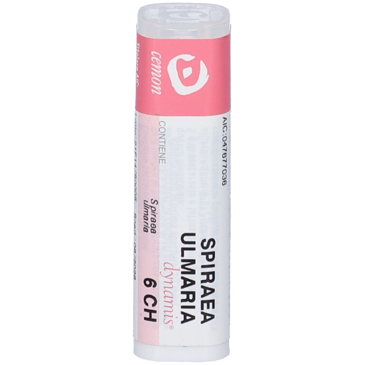 Flacone bianco con etichetta rosa. Testo: "Spiraea Ulmaria dynamis 6 CH".