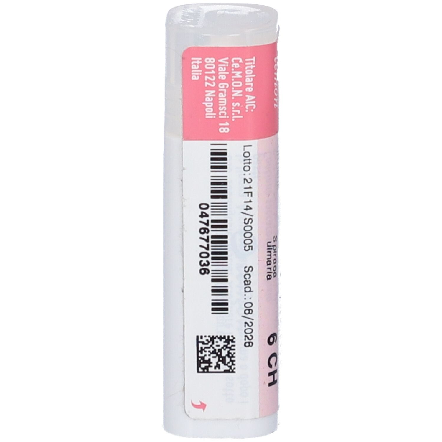 Flacone bianco con etichetta rosa. Codice a barre e testo: "Spiraea Ulmaria 6 CH".