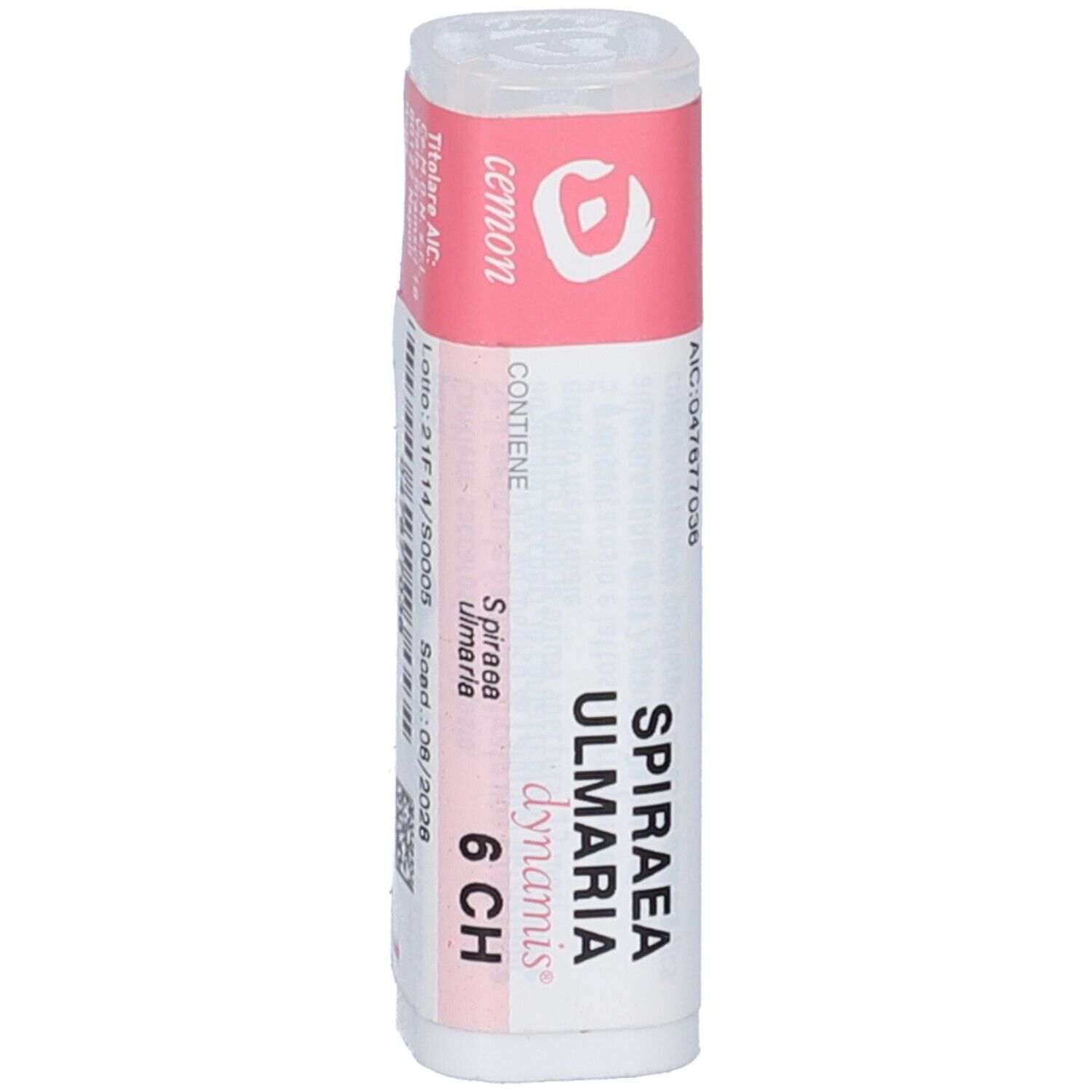 Flacone bianco con etichetta rosa. Testo: "Spiraea Ulmaria dynamis 6 CH".