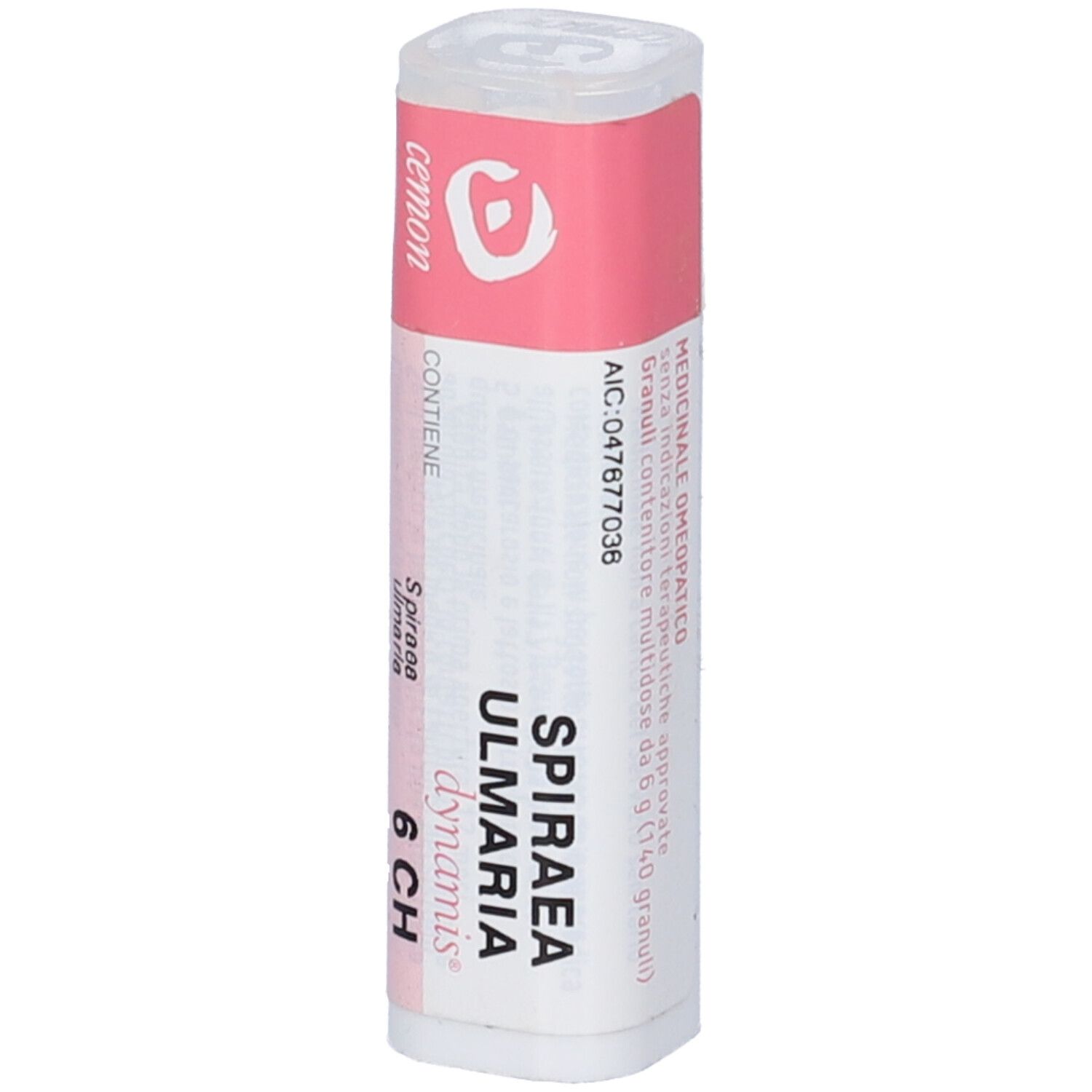 Flacone bianco con etichetta rosa. Testo: "Spiraea Ulmaria dynamis 6 CH".