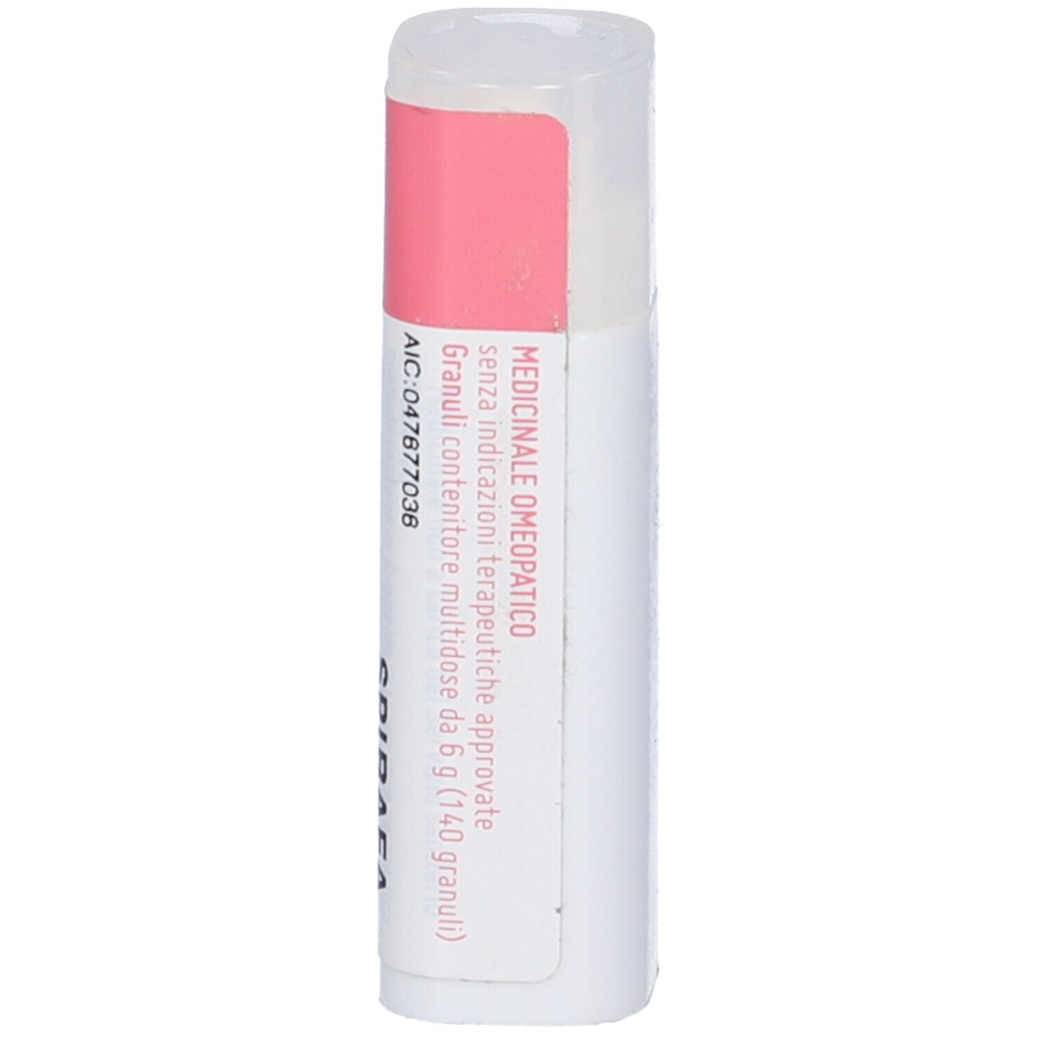 Flacone bianco con etichetta rosa. Testo: "Granuli contenitore multidose".