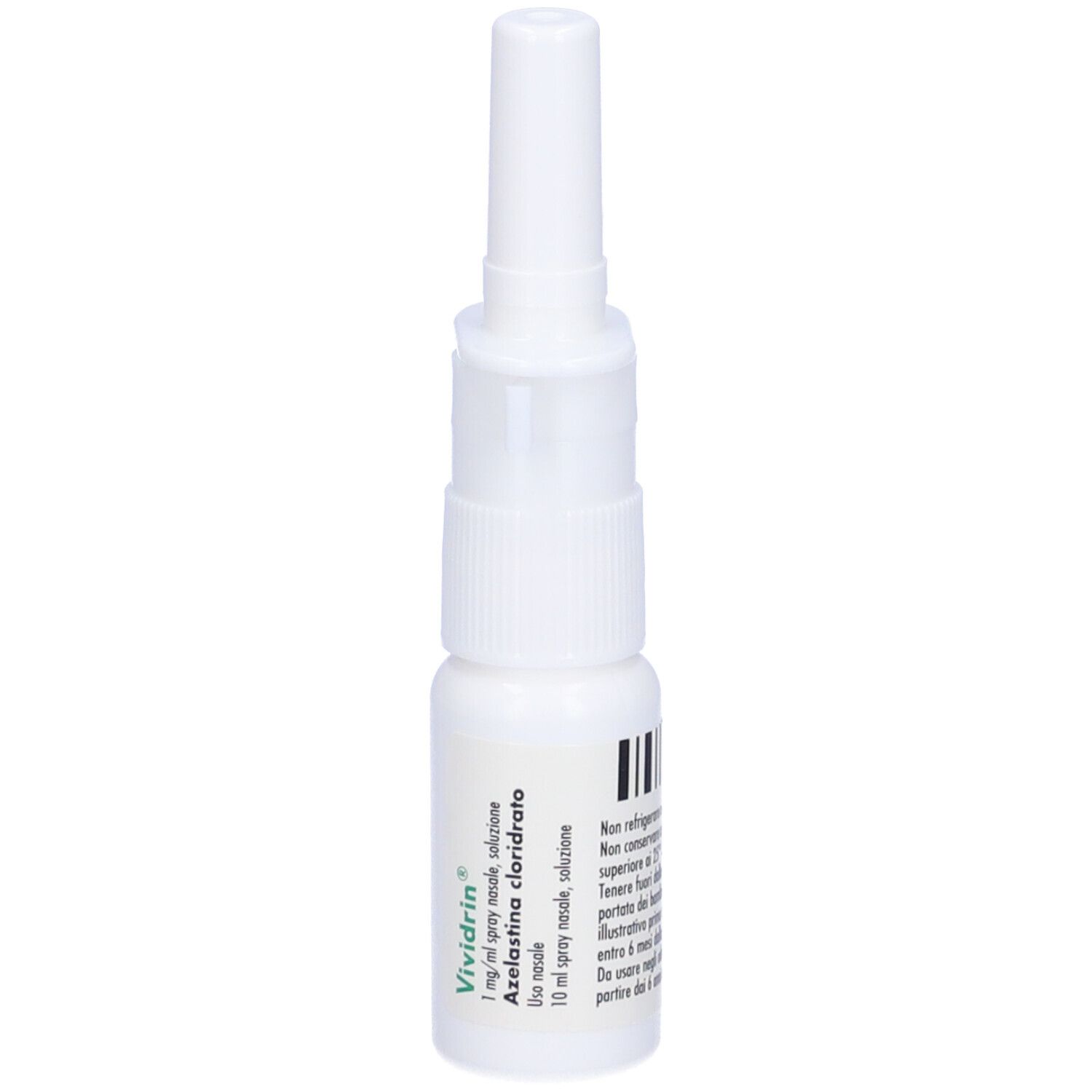 Flacone spray nasale bianco con erogatore. Scritta: Vividrin, Azelastina cloridrato.