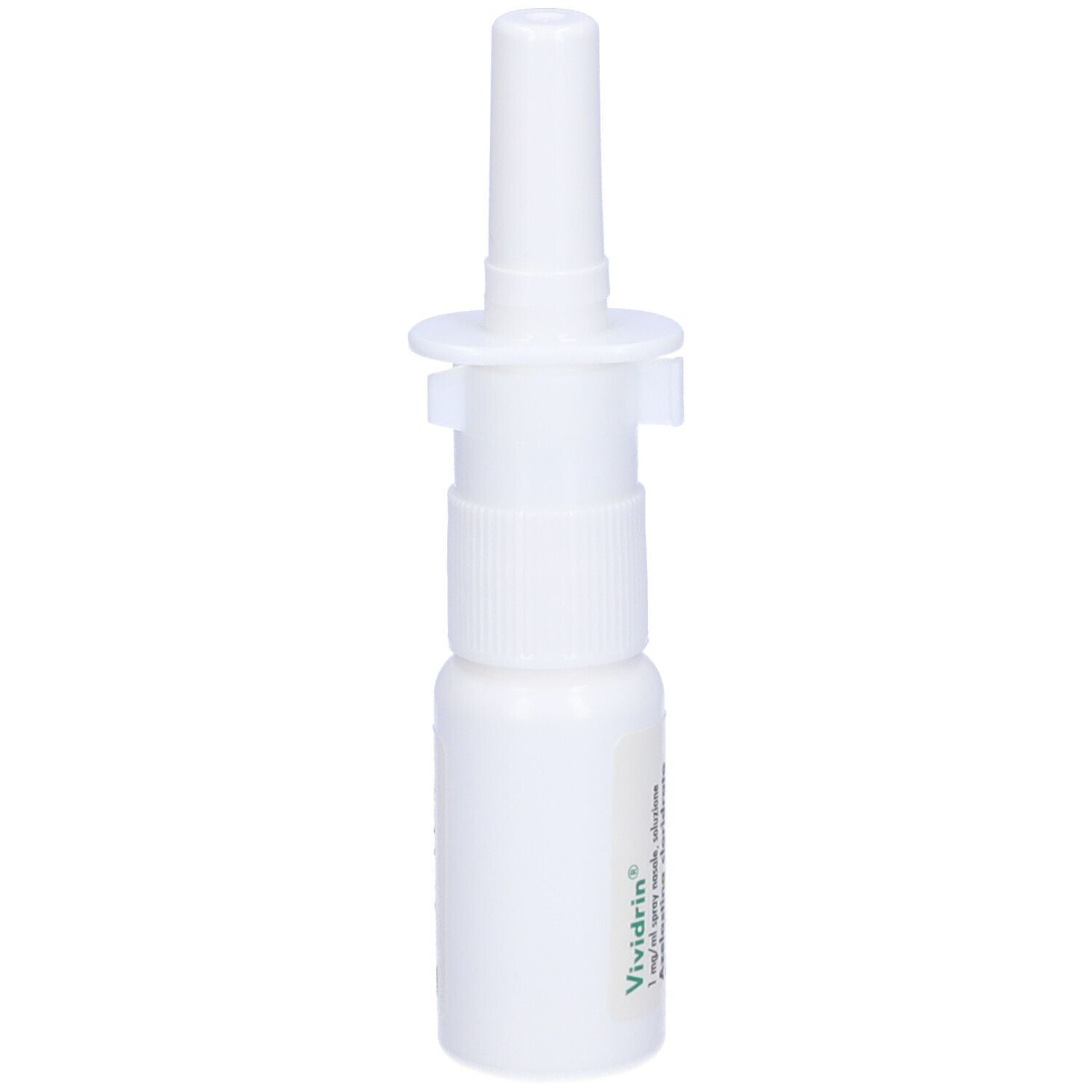 Flacone spray nasale bianco con erogatore. Scritta: Vividrin.