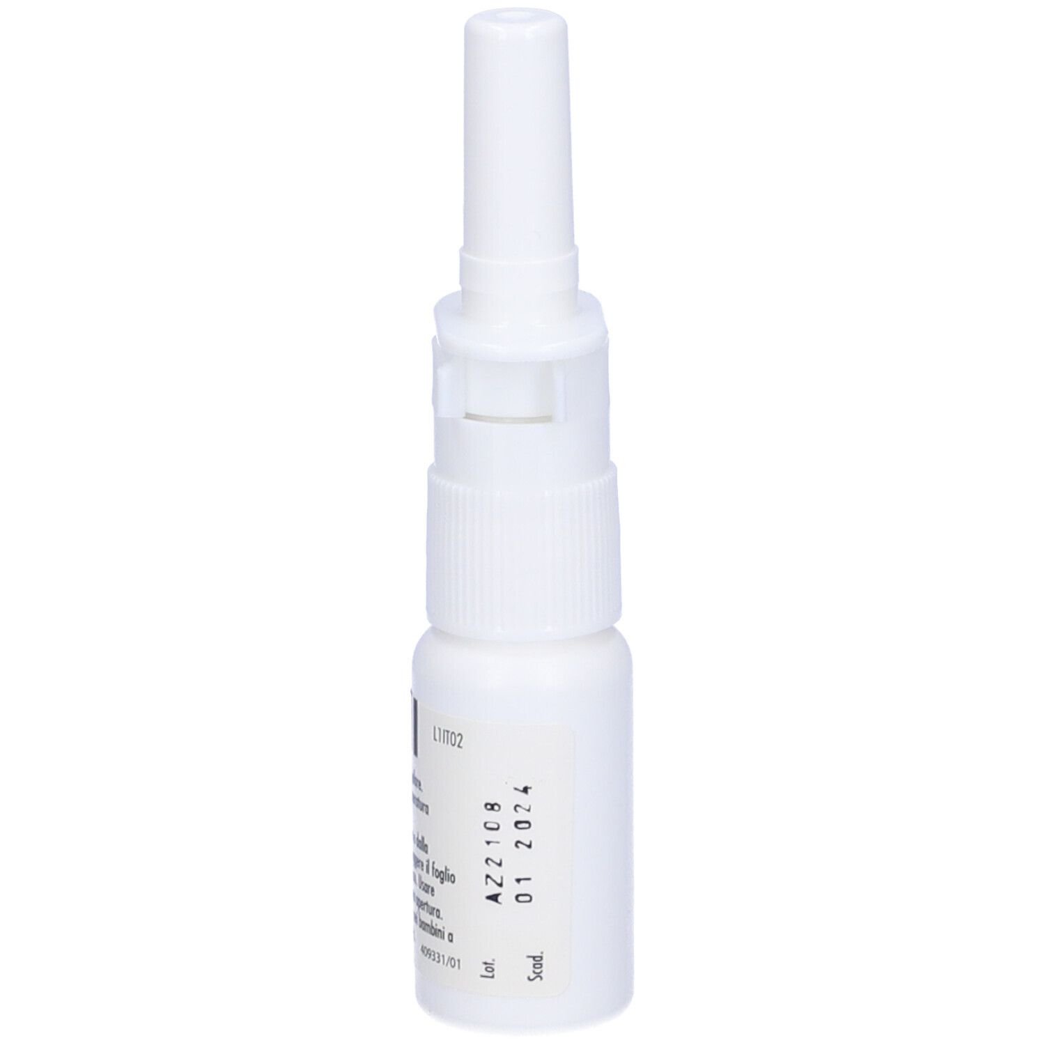 Flacone spray nasale bianco con erogatore. Stampa con data di scadenza.