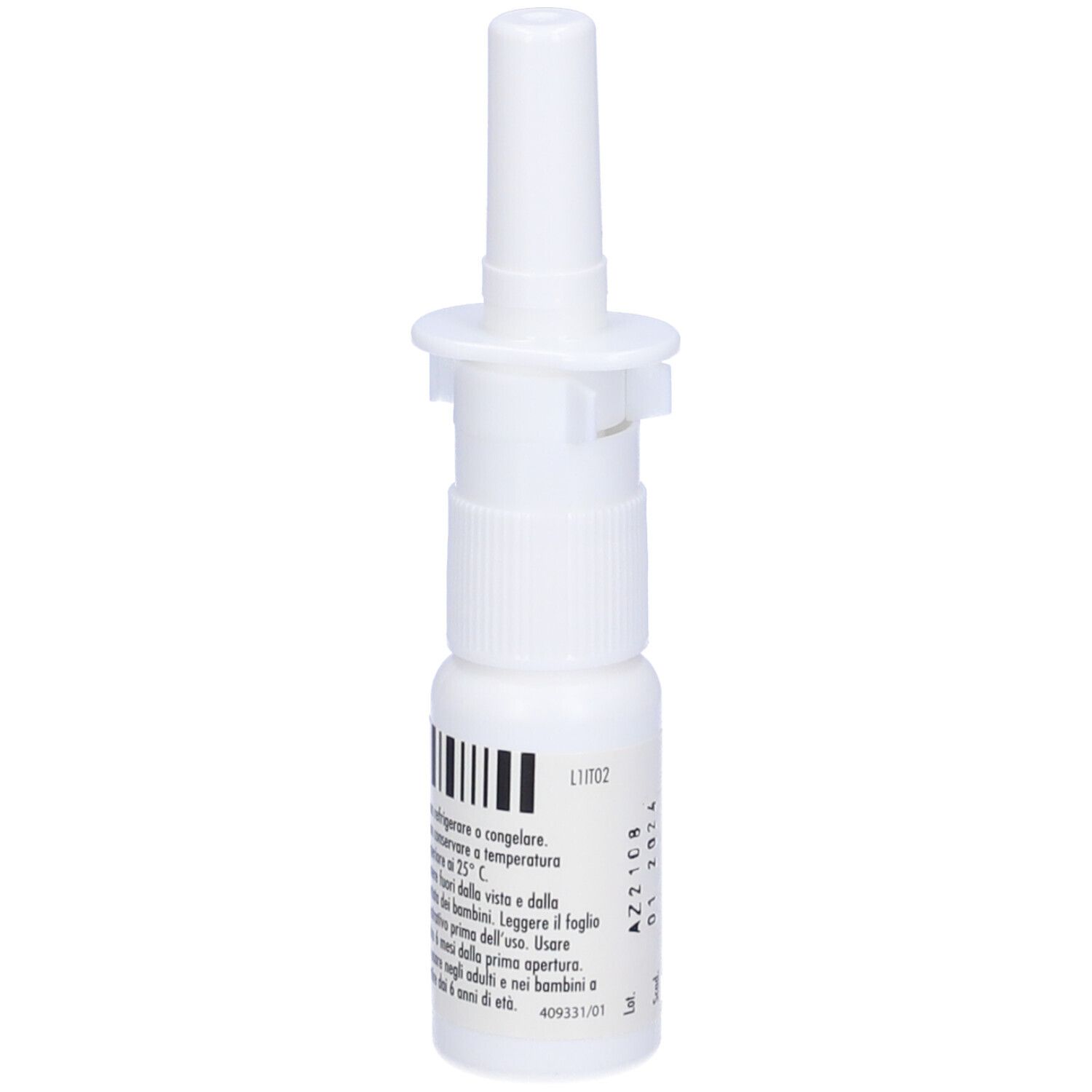 Flacone spray nasale bianco con erogatore. Stampa con data di scadenza.