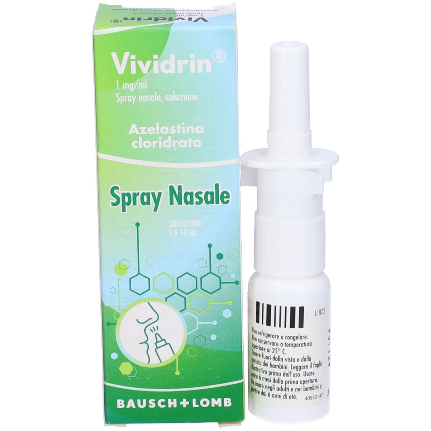 Flacone spray nasale e scatola. Sulla scatola: Vividrin, Spray Nasale, Bausch + Lomb.