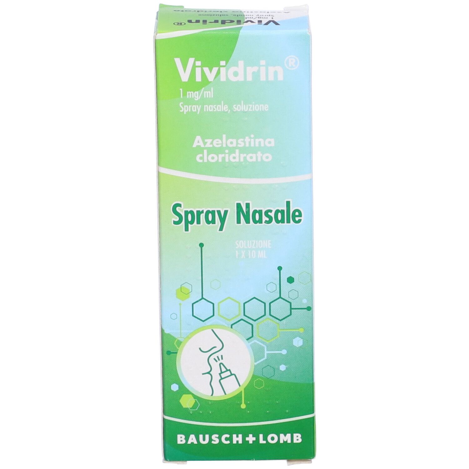 Scatola di spray nasale. Scritta: Vividrin, Spray Nasale, Bausch + Lomb.