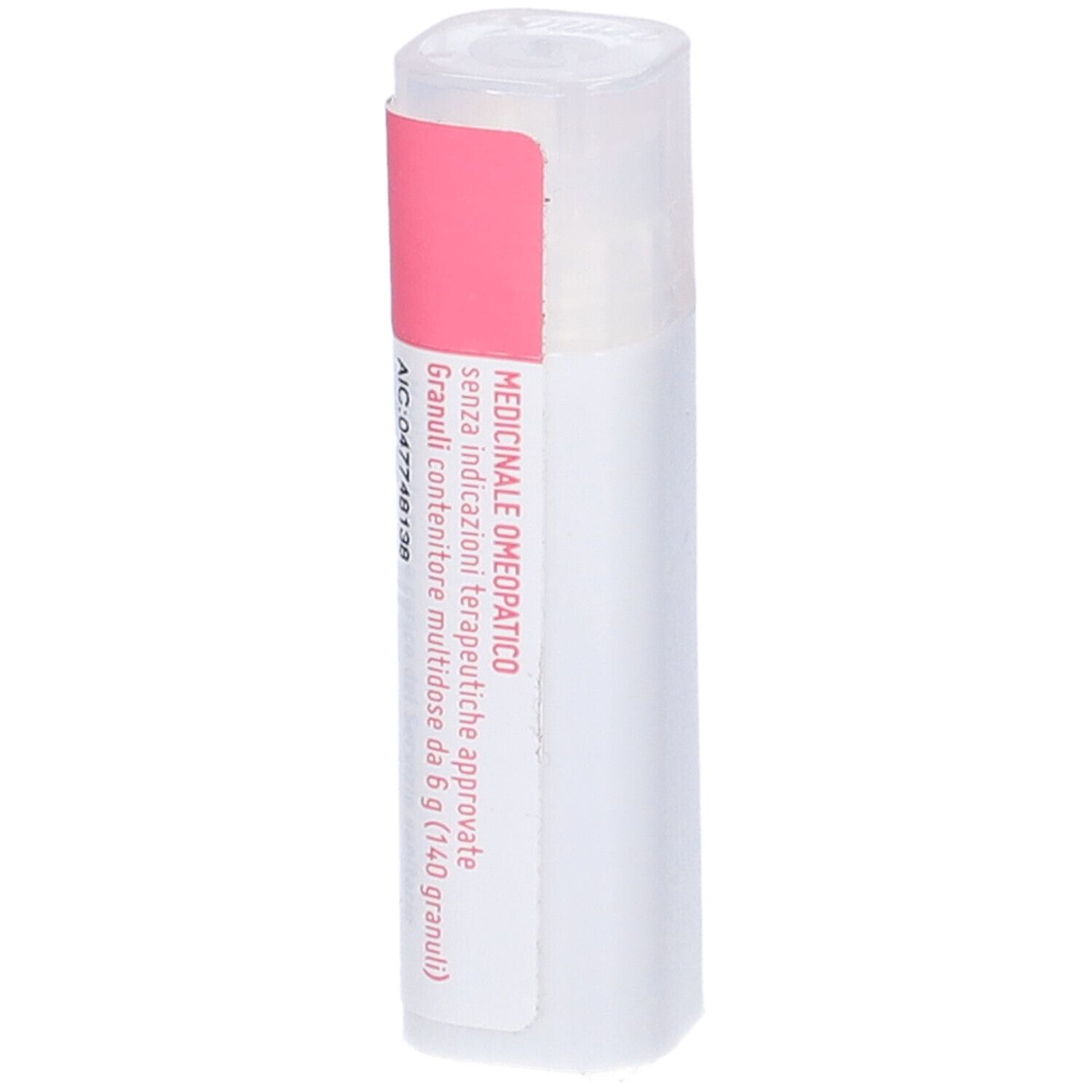 Confezione cilindrica con etichetta rosa. Scritta: Medicinale Omeopatico. Codice a barre e altre informazioni.