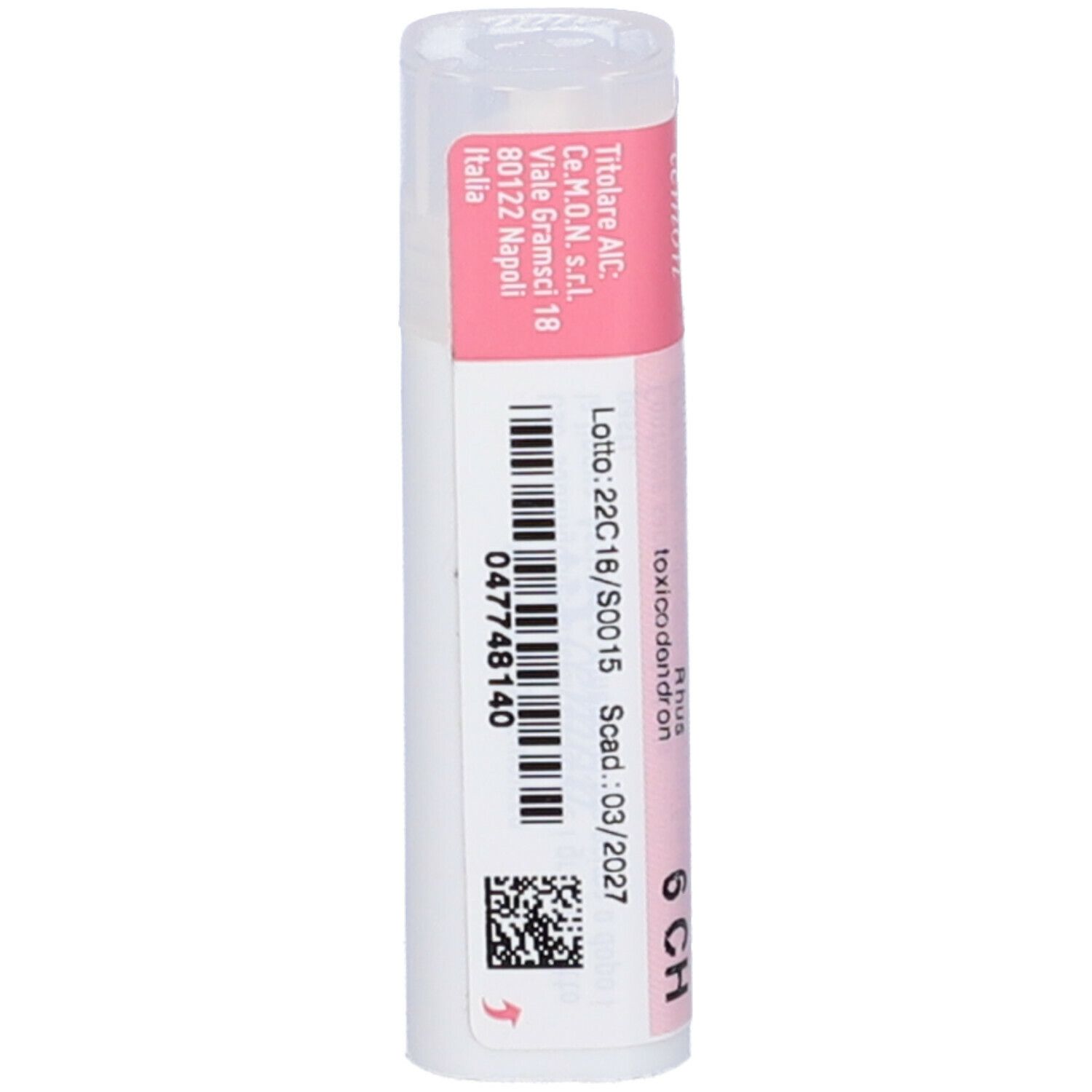 Confezione cilindrica con codice a barre ed etichetta rosa. Scritte: Rhus toxicodendron 6 CH.