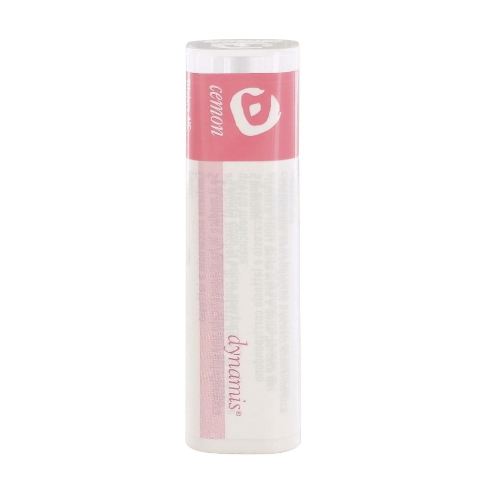 Flacone cilindrico bianco con etichetta rosa. "cemon" in alto.
