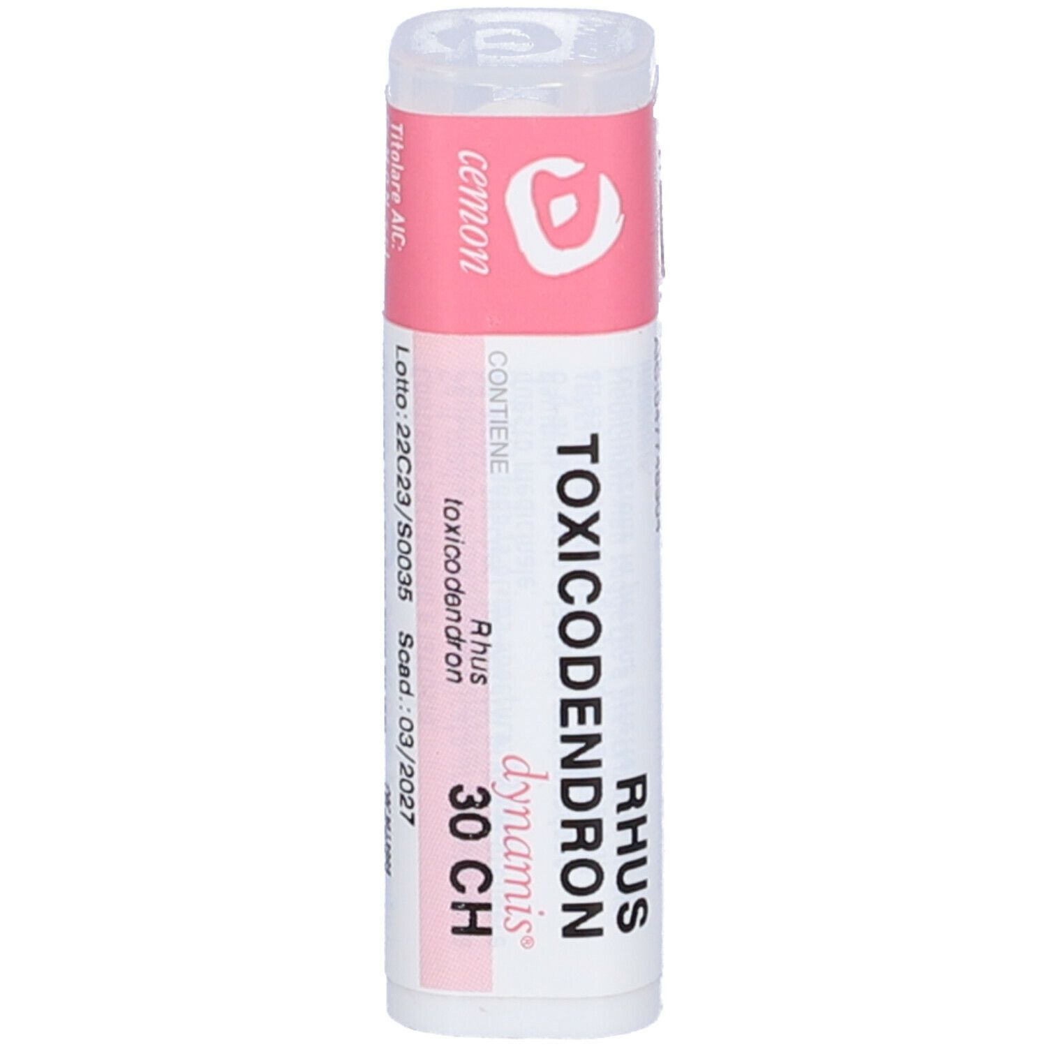 Flacone cilindrico con etichetta rosa. Testo: RHUS TOXICODENDRON 30 CH, cemon.