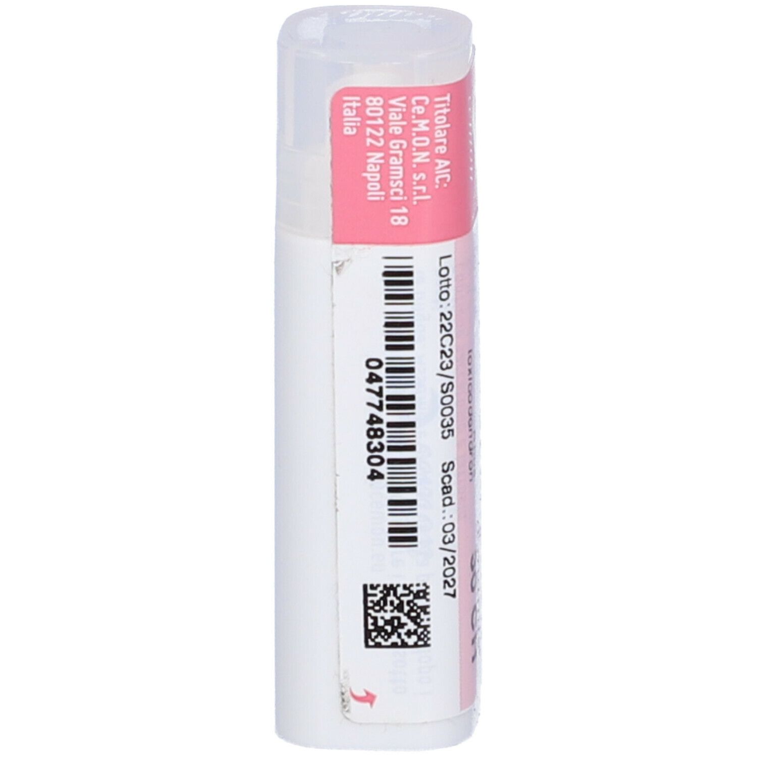 Flacone cilindrico con etichetta rosa. Testo: 047748304, scad. 03/2027, cemon.