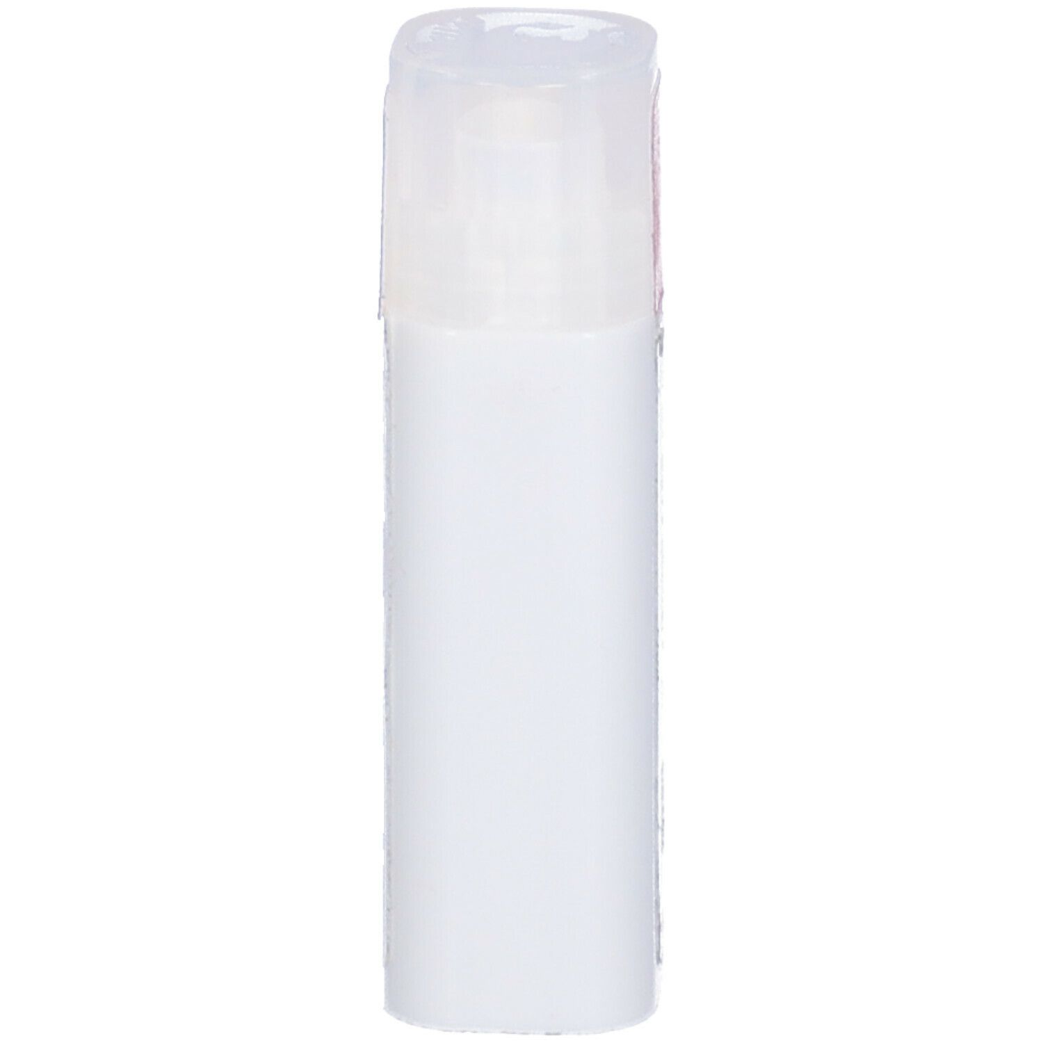 Flacone cilindrico bianco con coperchio trasparente.