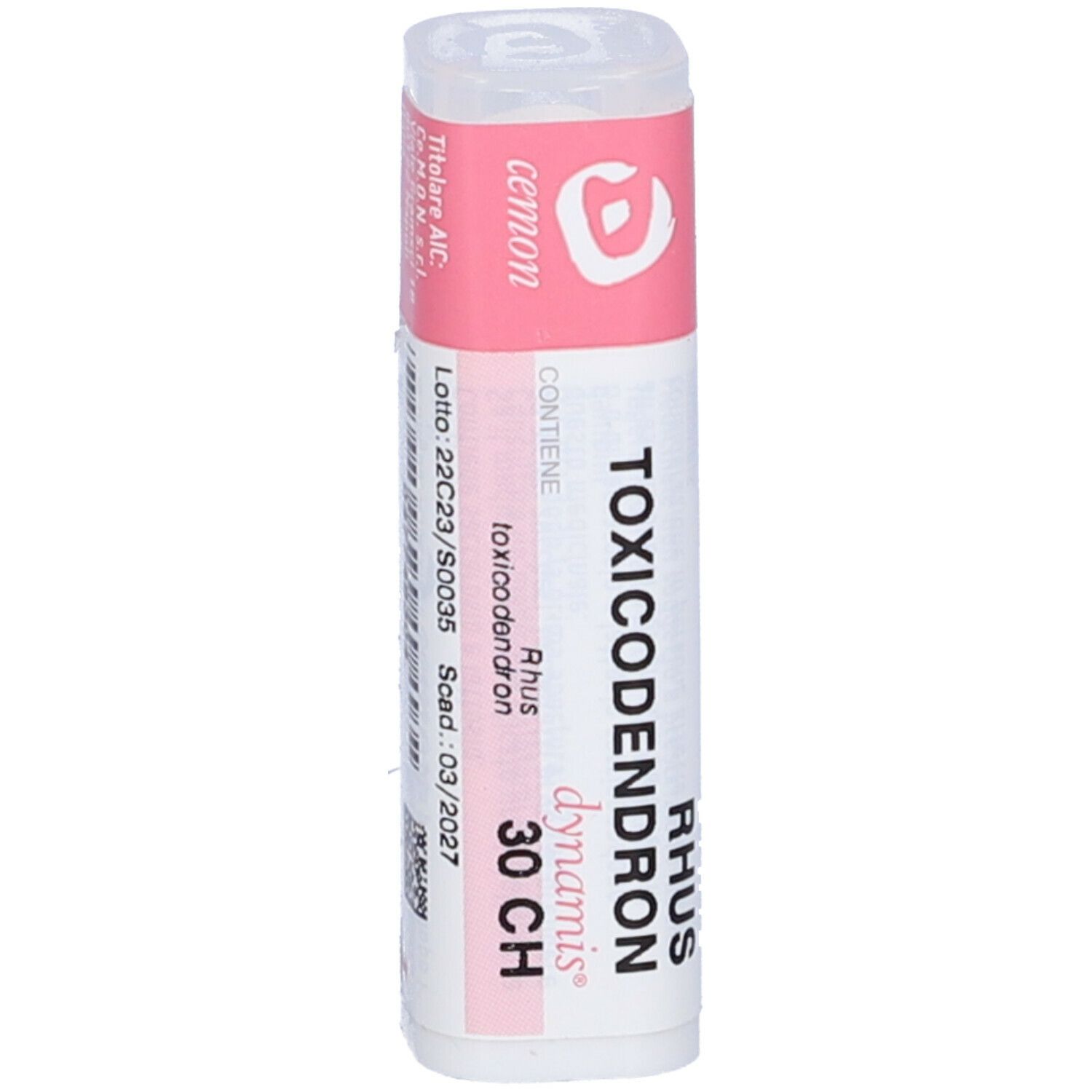 Flacone cilindrico con etichetta rosa. Testo: RHUS TOXICODENDRON 30 CH, cemon.