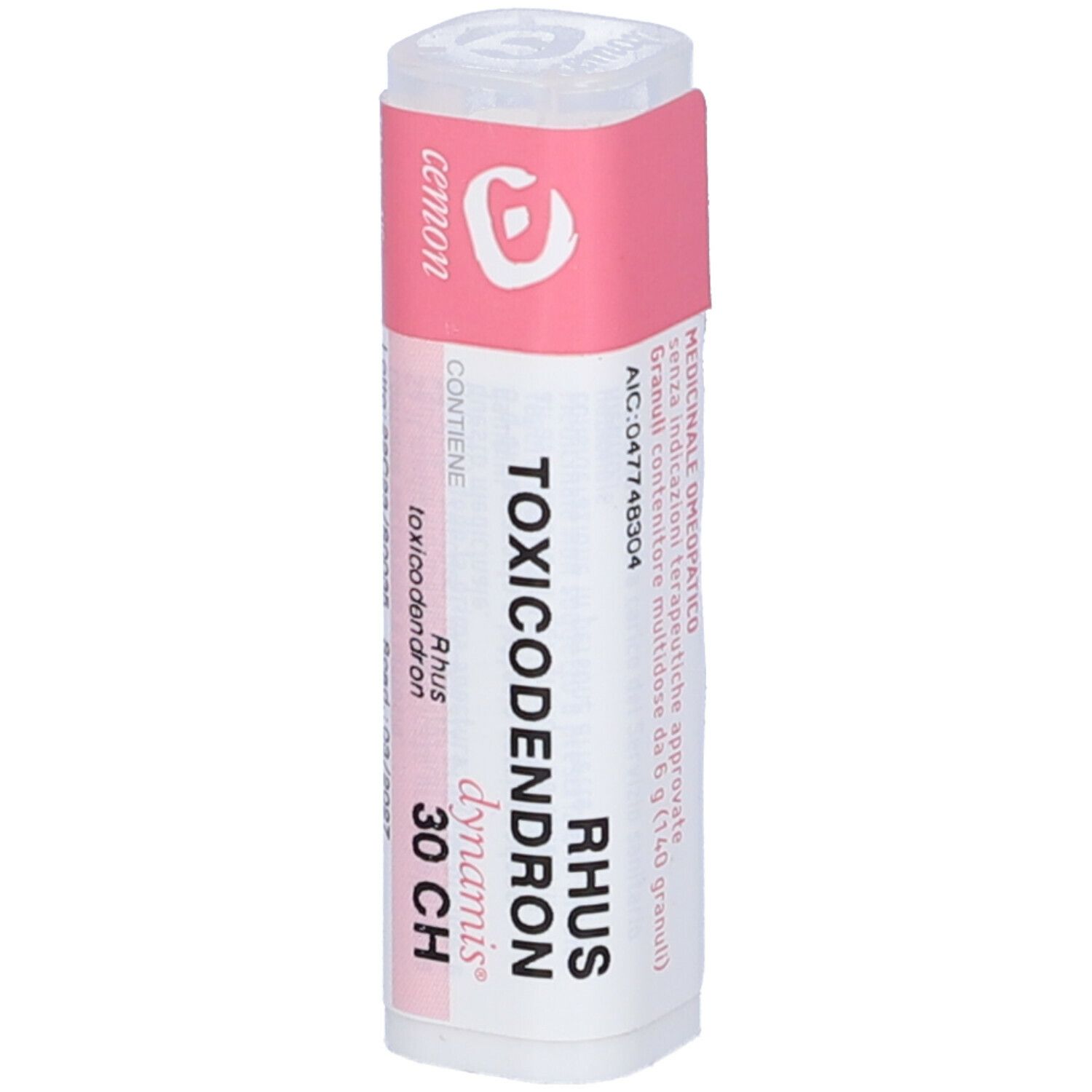 Flacone cilindrico con etichetta rosa. Testo: RHUS TOXICODENDRON 30 CH, cemon.