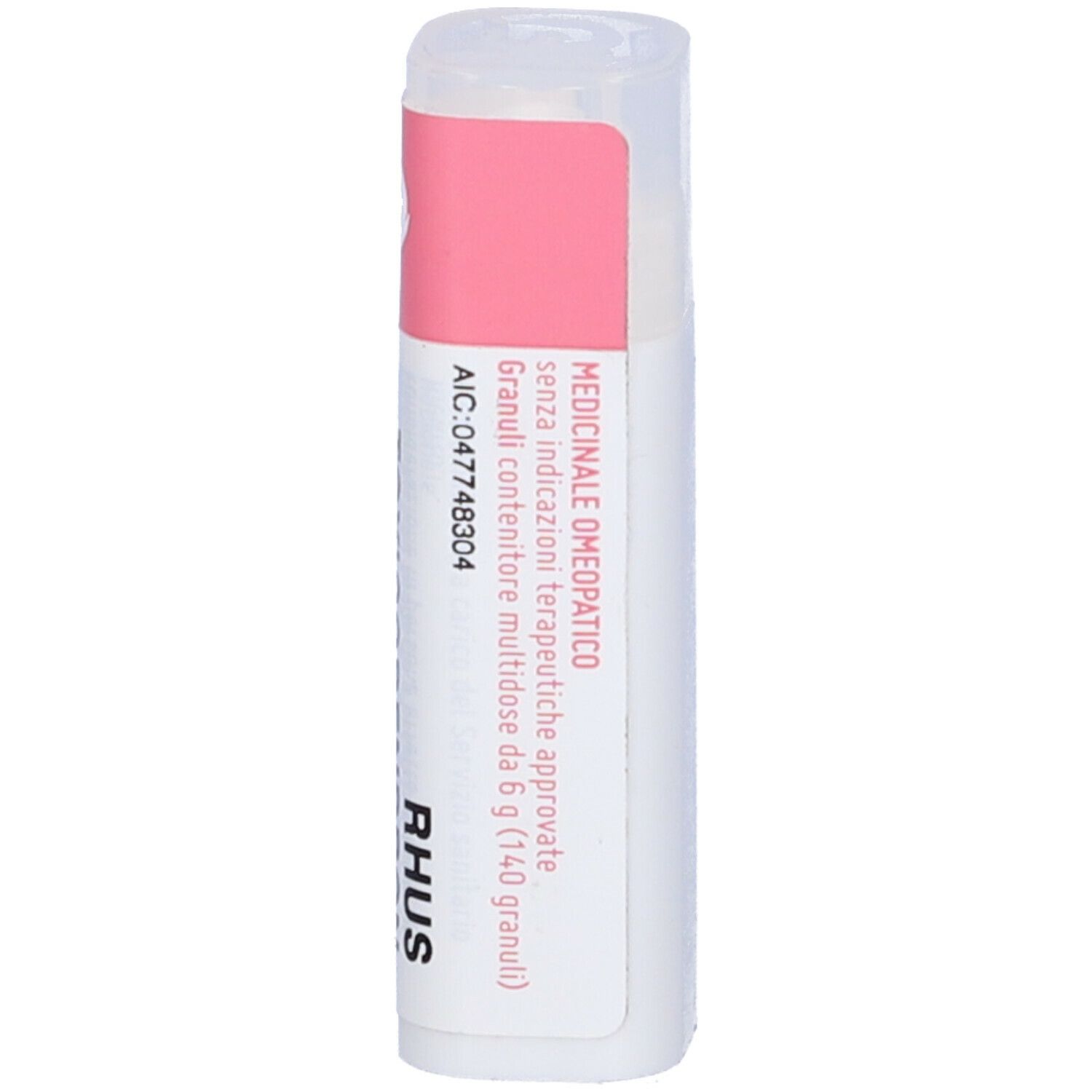 Flacone cilindrico con etichetta rosa. Testo: RHUS, cemon.